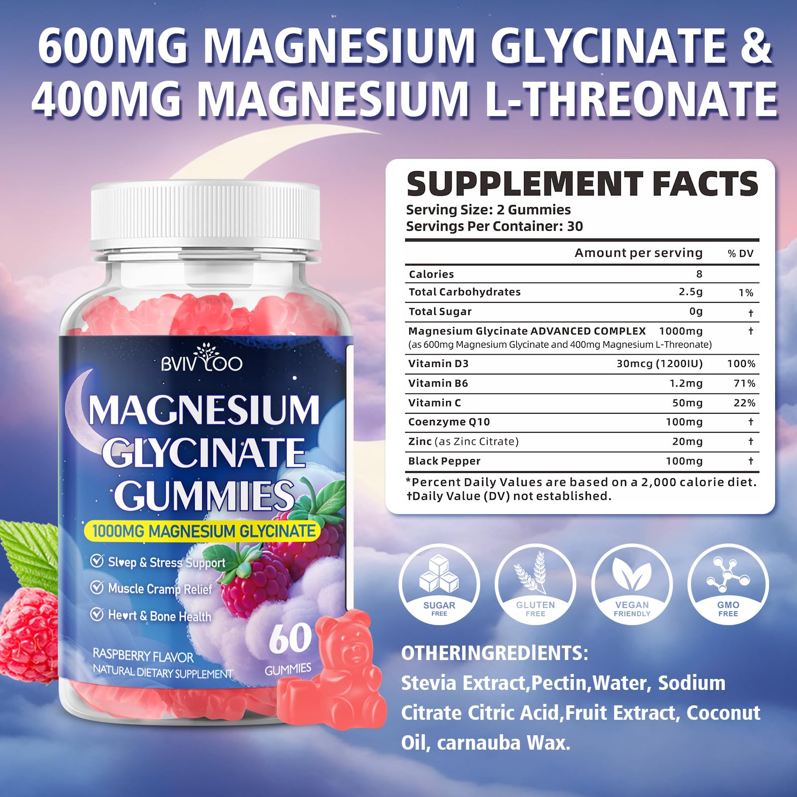 Magnesium Glycinate Gummies 1000mg with L-Threonate – D3, B6 & CoQ10 | Sugar-Free Raspberry, 60 Count