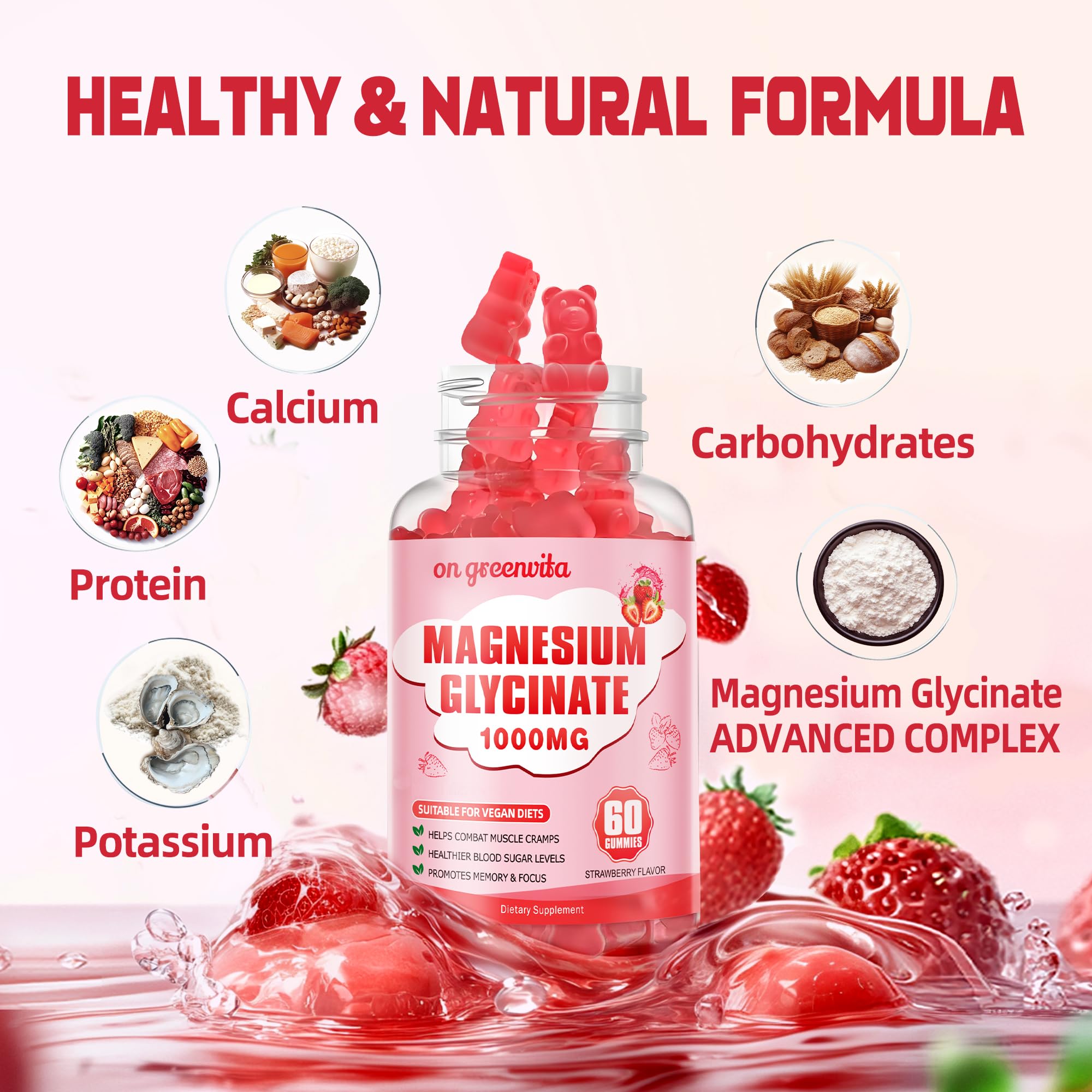 Magnesium Glycinate Gummies 1000mg - Sugar Free, 60 Strawberry Gummies