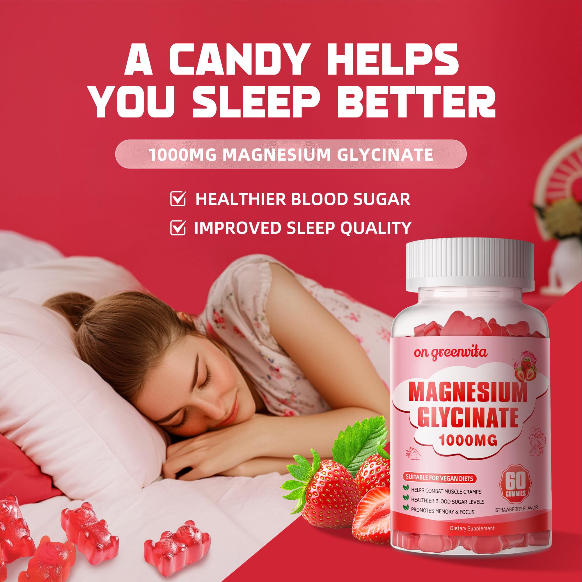 Magnesium Glycinate Gummies 1000mg - Sugar Free, 60 Strawberry Gummies