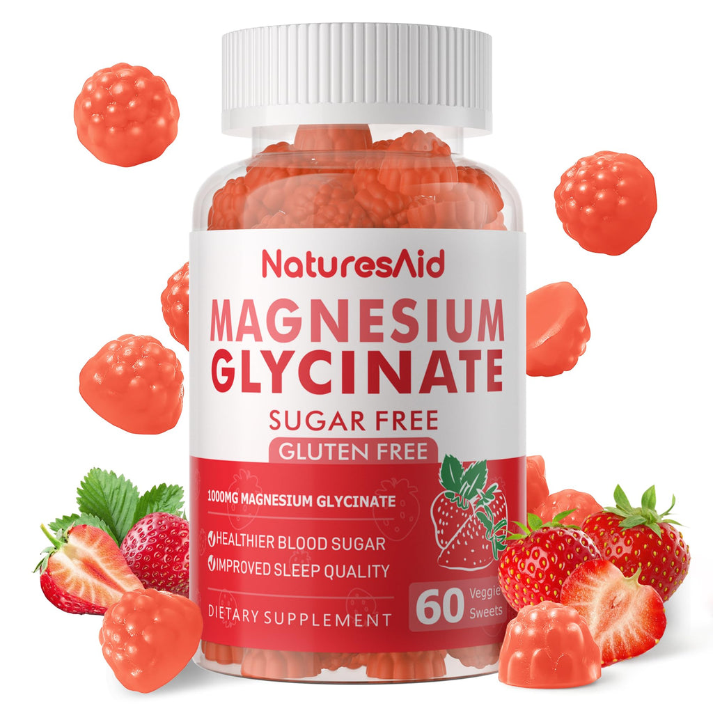 Magnesium Glycinate Gummies 1000mg – Sugar-Free Magnesium, Potassium with Vitamin D, B6, CoQ10 | 60 Strawberry Gummies