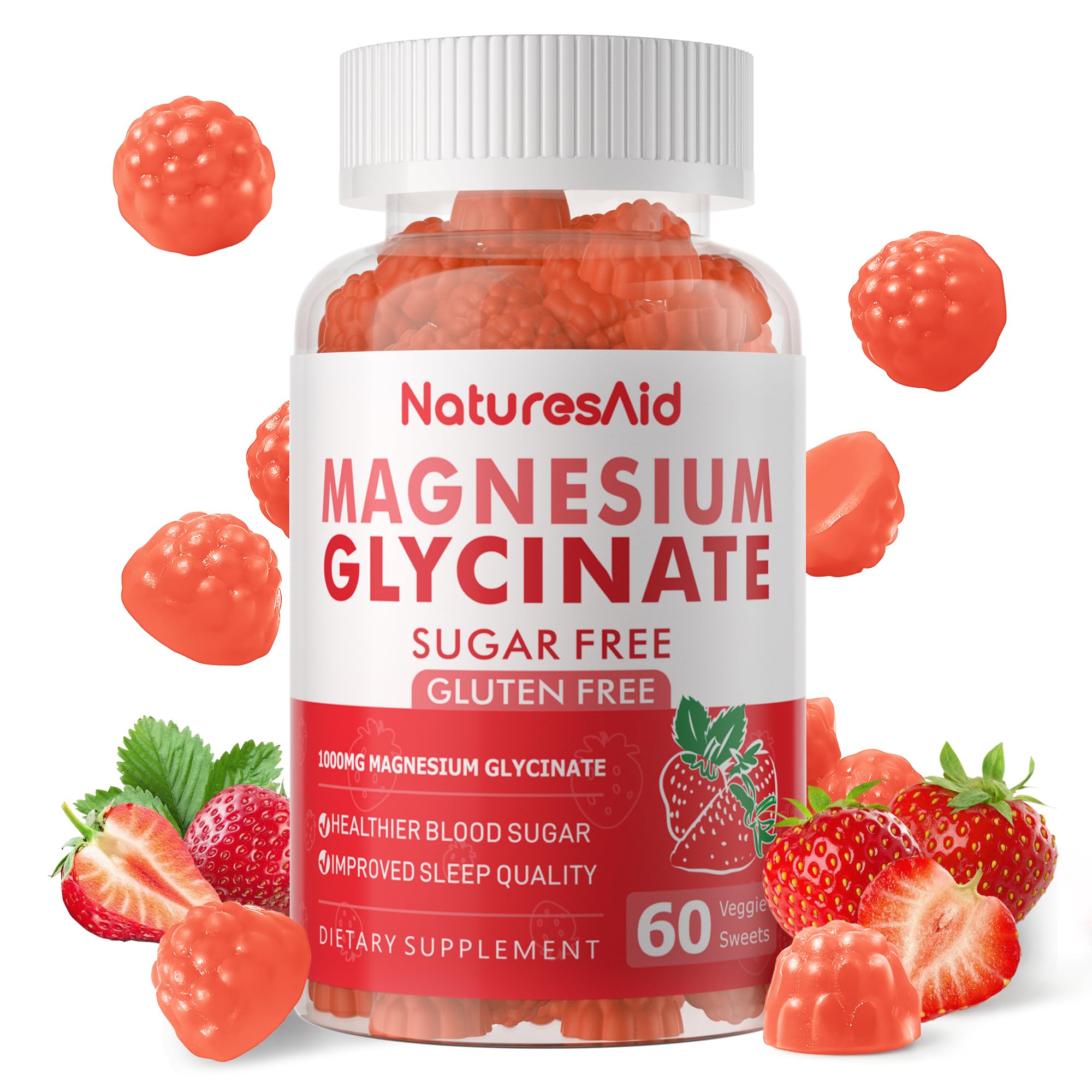 Magnesium Glycinate Gummies 1000mg – Sugar-Free Magnesium, Potassium with Vitamin D, B6, CoQ10 | 60 Strawberry Gummies