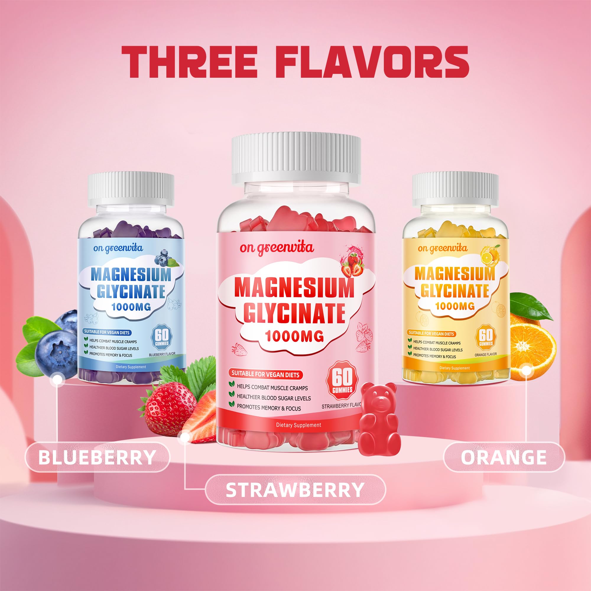 Magnesium Glycinate Gummies 1000mg - Sugar Free, 60 Strawberry Gummies