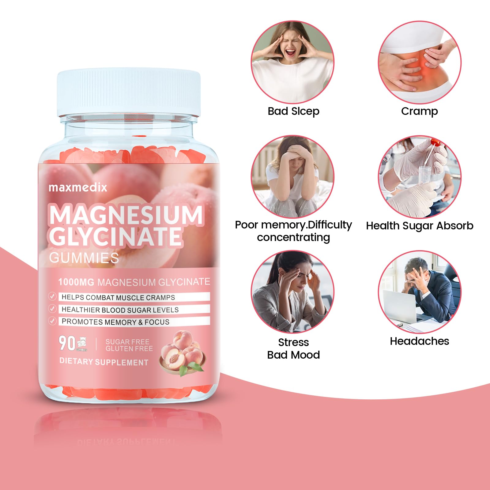 Magnesium Glycinate Gummies 1000mg – Sugar Free Potassium Magnesium Chewables for Sleep & Relaxation | 90 Peach Gummies