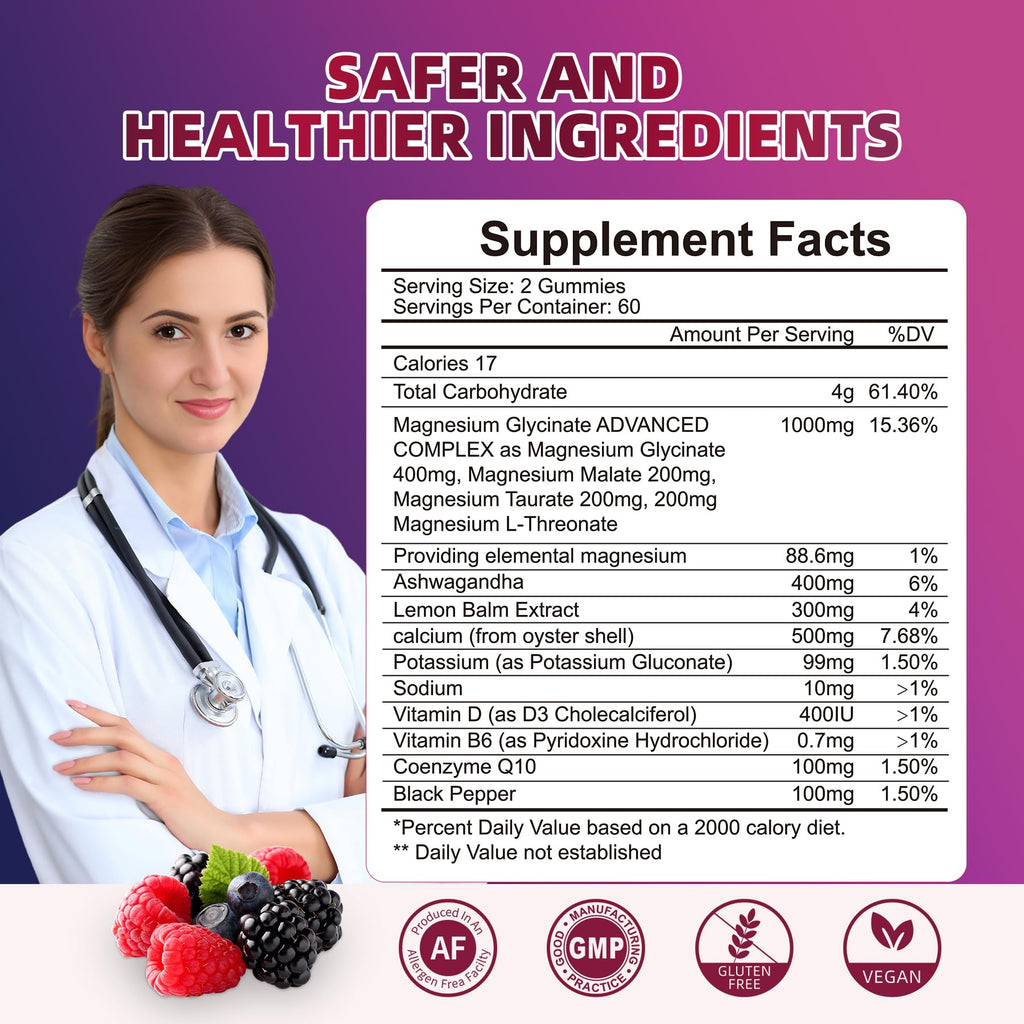 Magnesium Glycinate Gummies 120ct – 1000 mg, Sleep Support, Vegan, Sugar-Free (Raspberry-Blackberry-Blueberry)
