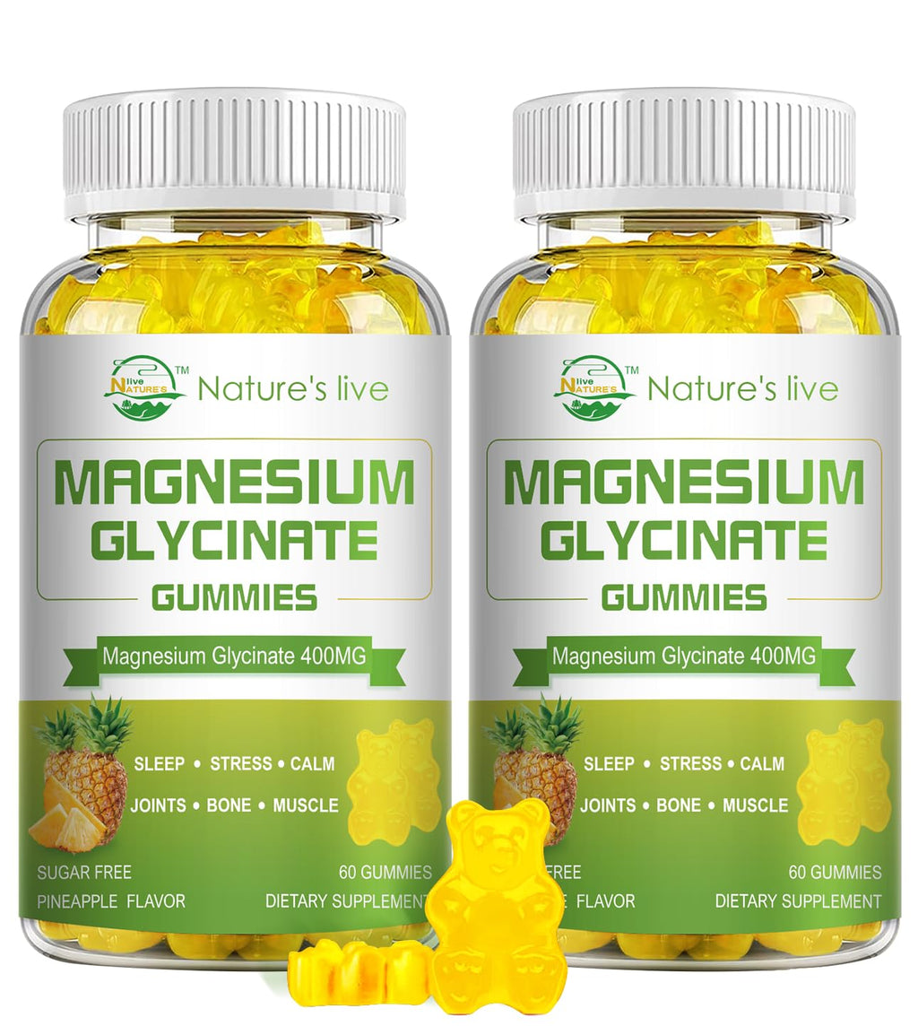 Magnesium Glycinate Gummies – Sugar-Free Magnesium Supplement with 400mg Glycinate + 200mg L-Threonate | 120 Pineapple Gummies