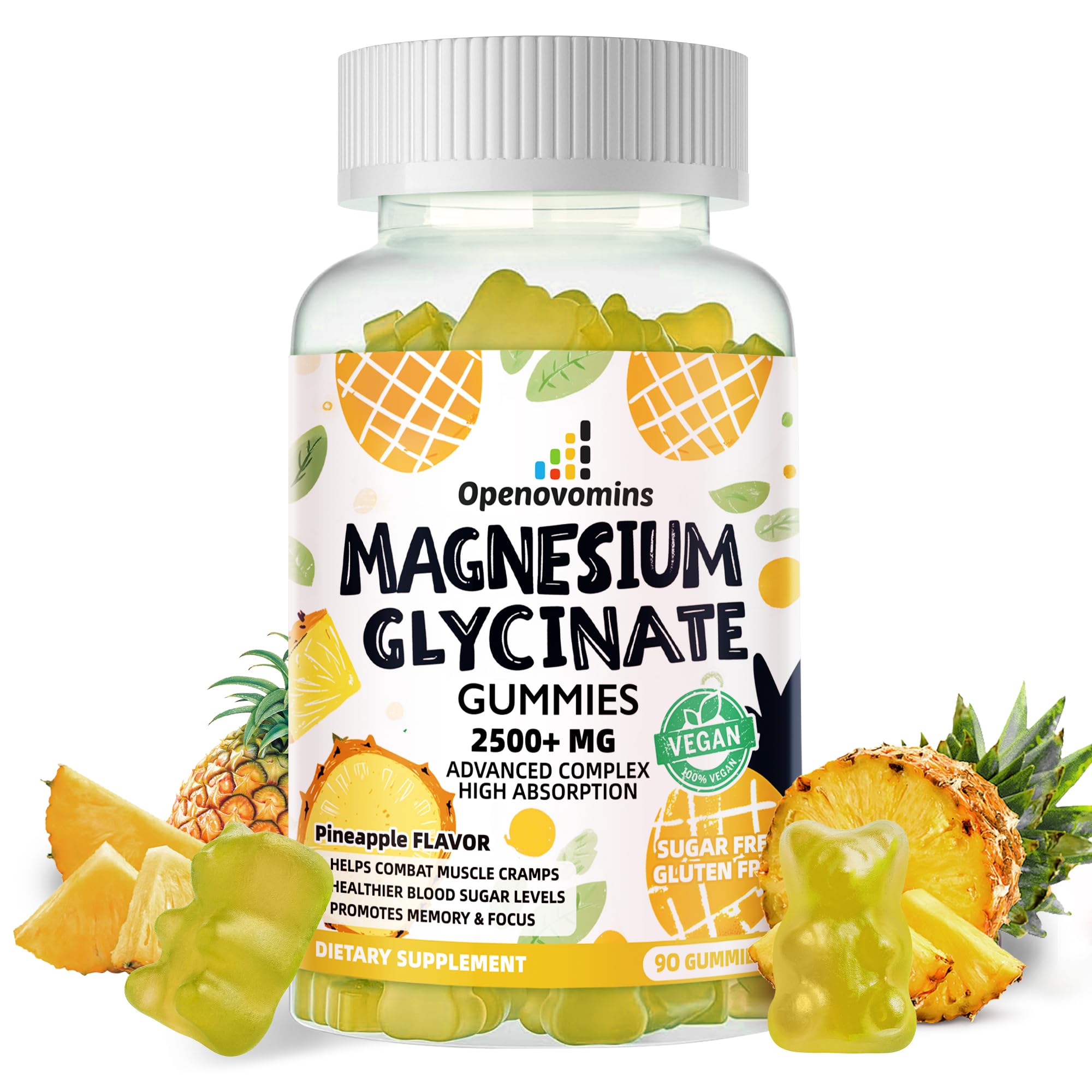 Magnesium Glycinate Gummies 2500mg – Sugar Free Calm Mood & Sleep Support (90 Pineapple Gummies)