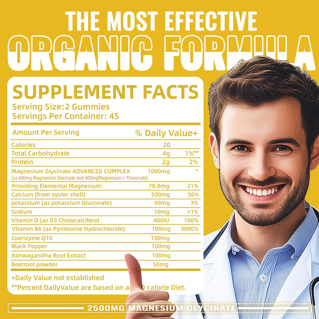 Magnesium Glycinate Gummies 2500mg – Sugar Free Calm Mood & Sleep Support (90 Pineapple Gummies)