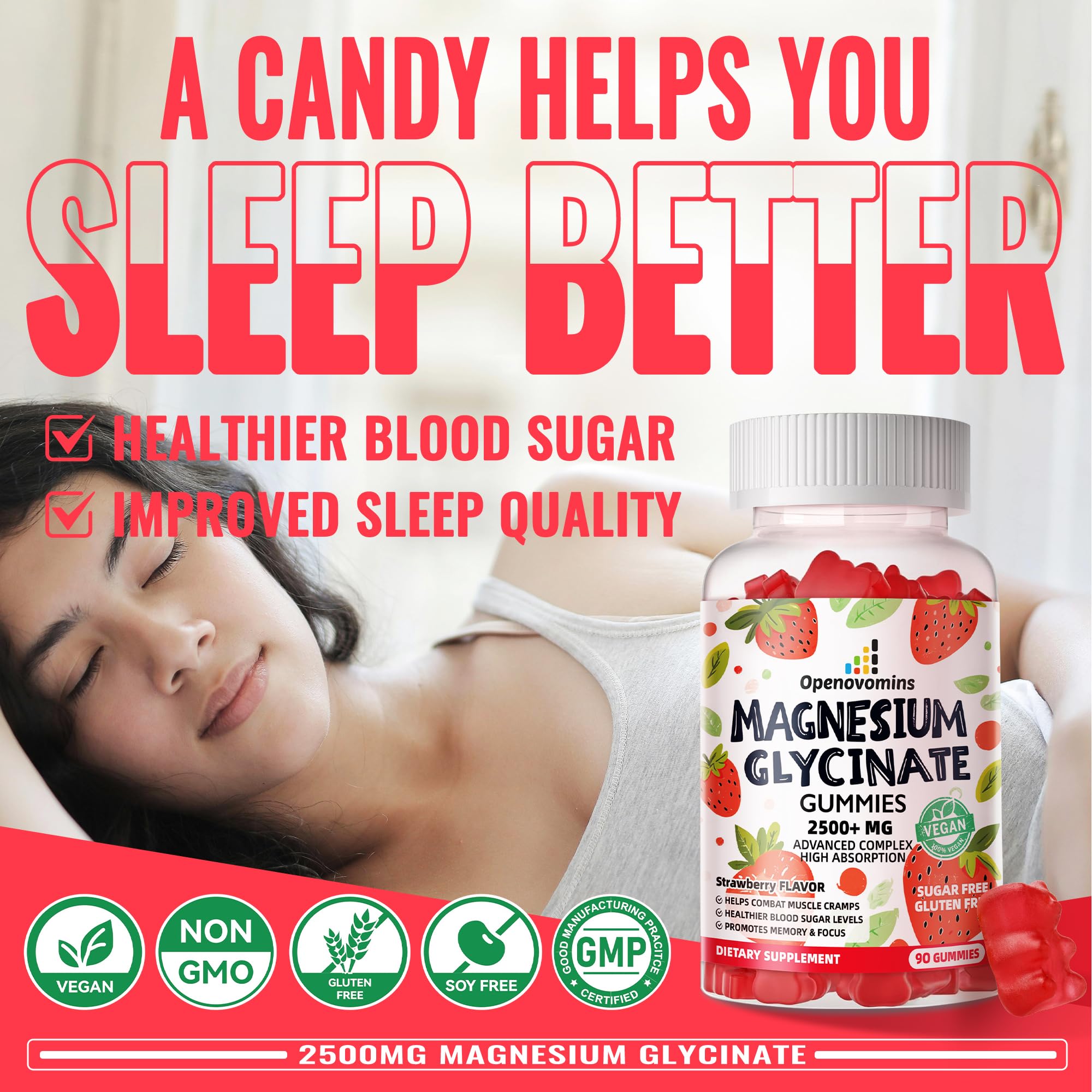 Magnesium Glycinate Gummies 2500mg - Sugar Free Magnesium Potassium Supplement with Vitamin D, B6, CoQ10 for Calm Mood & Sleep Support - 90 Strawberry Gummies