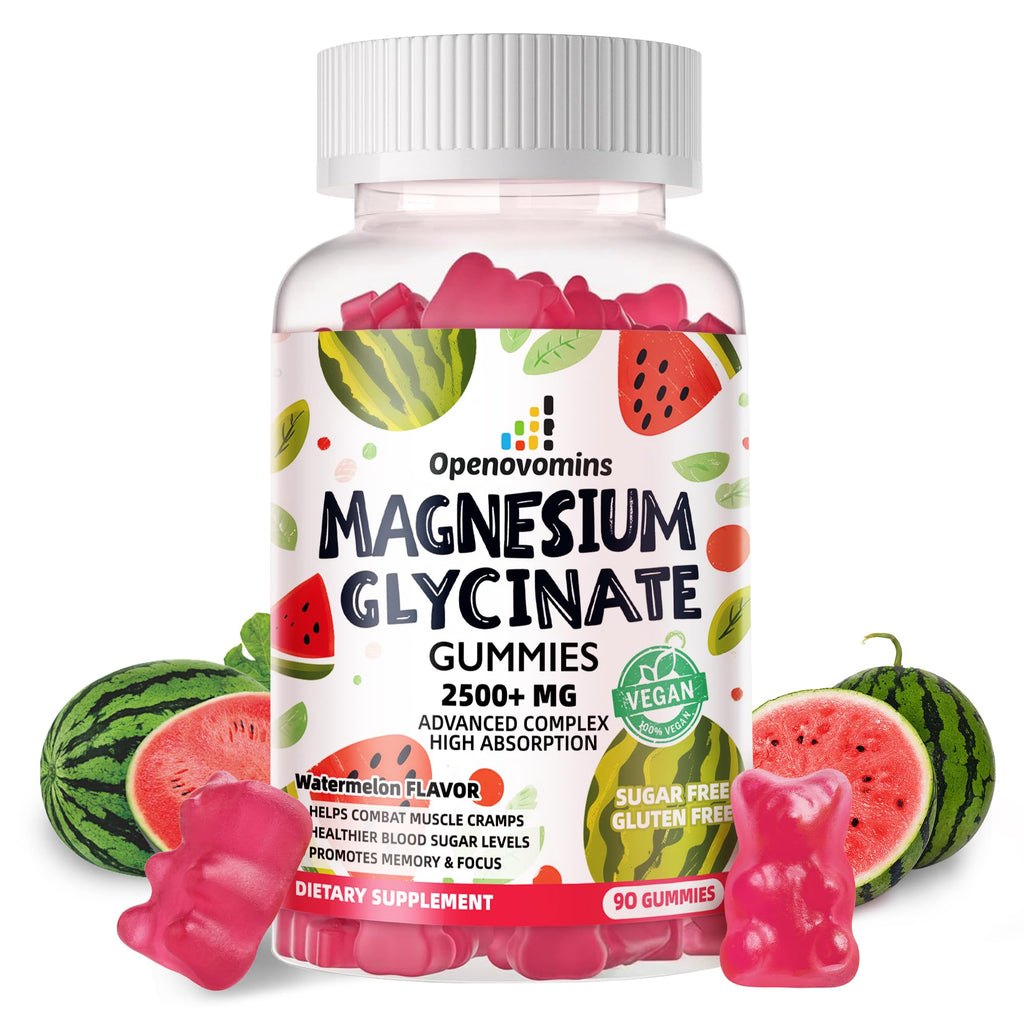 Magnesium Glycinate Gummies 2500mg – Sugar Free Magnesium Potassium Support + Vitamin D, B6, CoQ10 | 90 Watermelon Gummies