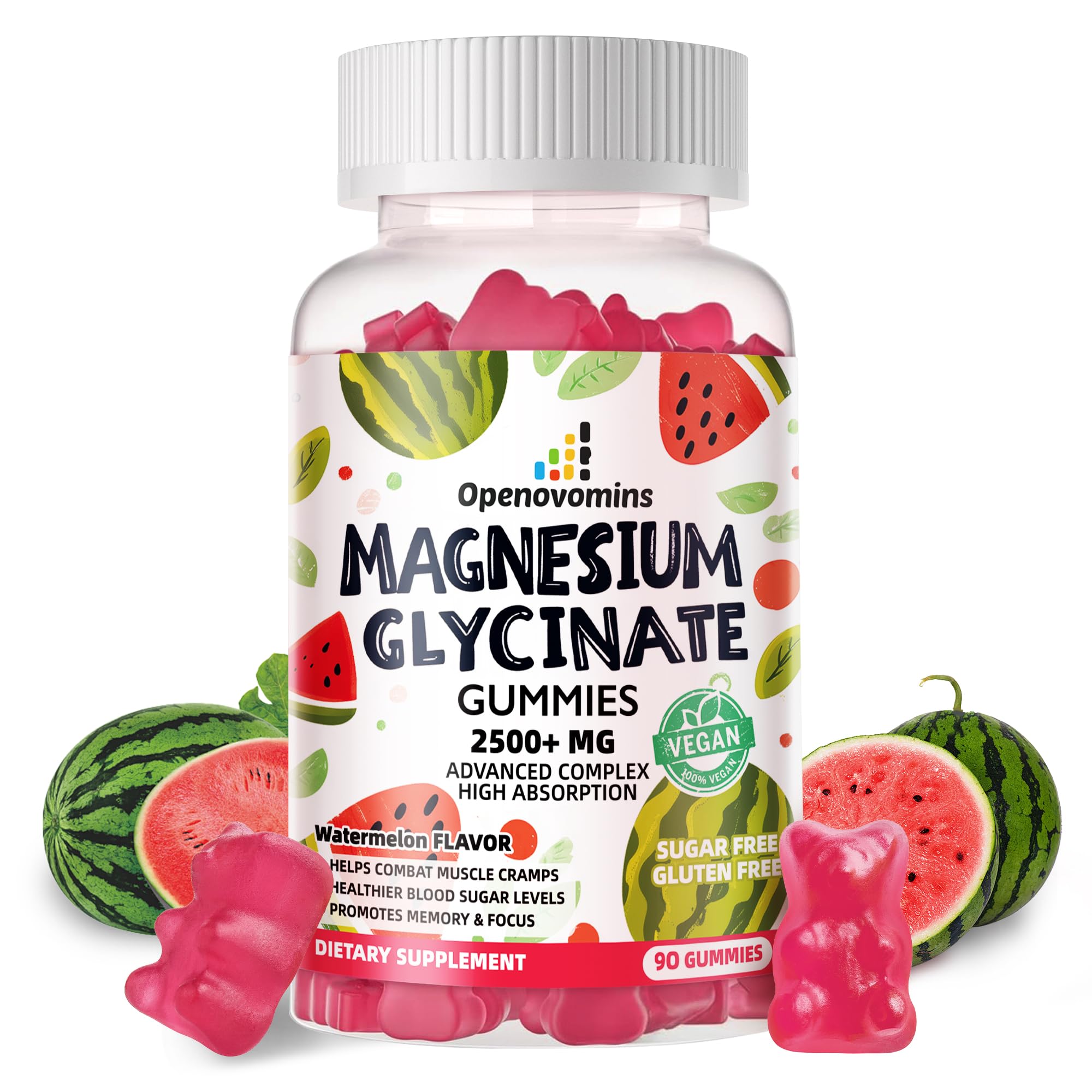 Magnesium Glycinate Gummies 2500mg – Sugar Free Magnesium Potassium Support + Vitamin D, B6, CoQ10 | 90 Watermelon Gummies