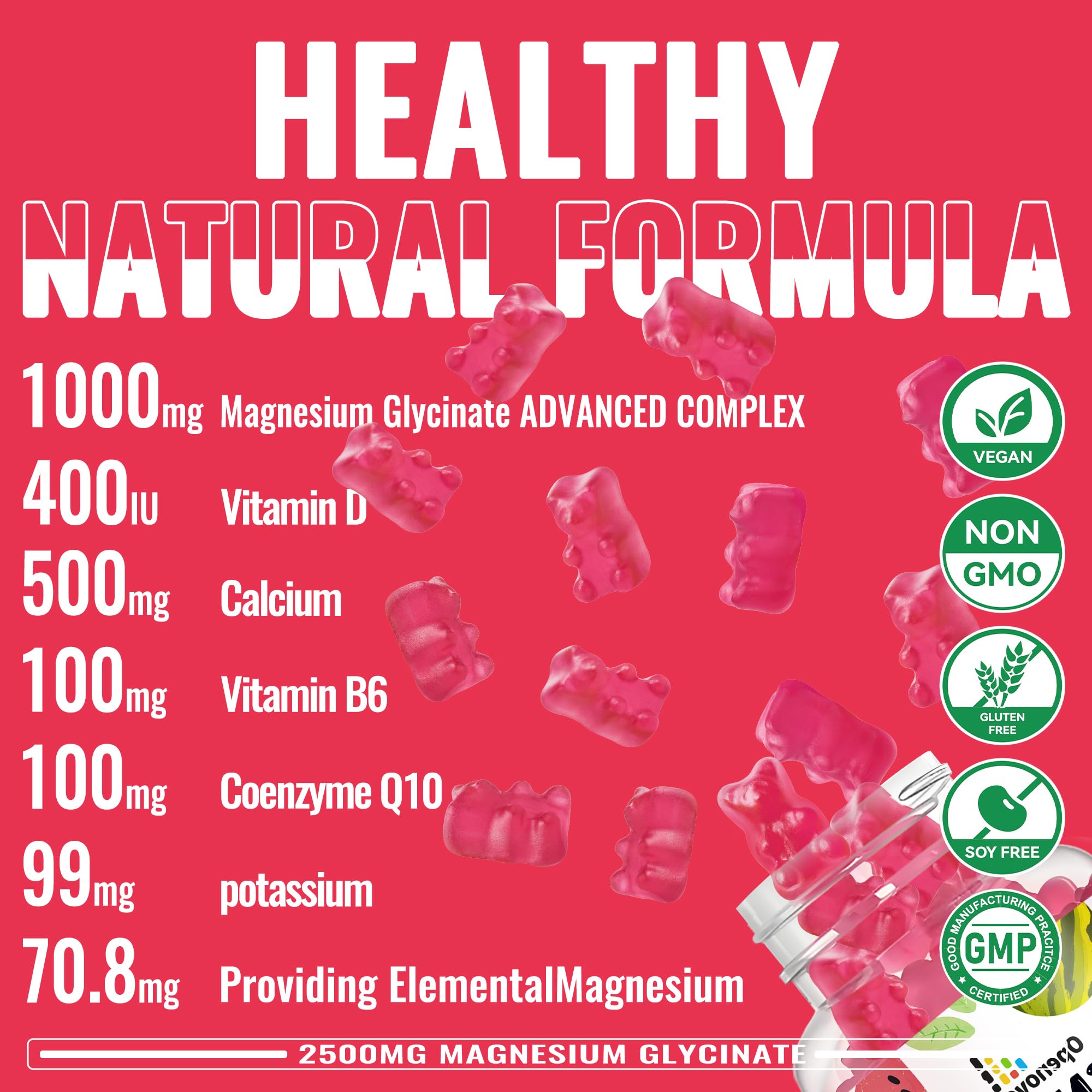 Magnesium Glycinate Gummies 2500mg – Sugar Free Magnesium Potassium Support + Vitamin D, B6, CoQ10 | 90 Watermelon Gummies