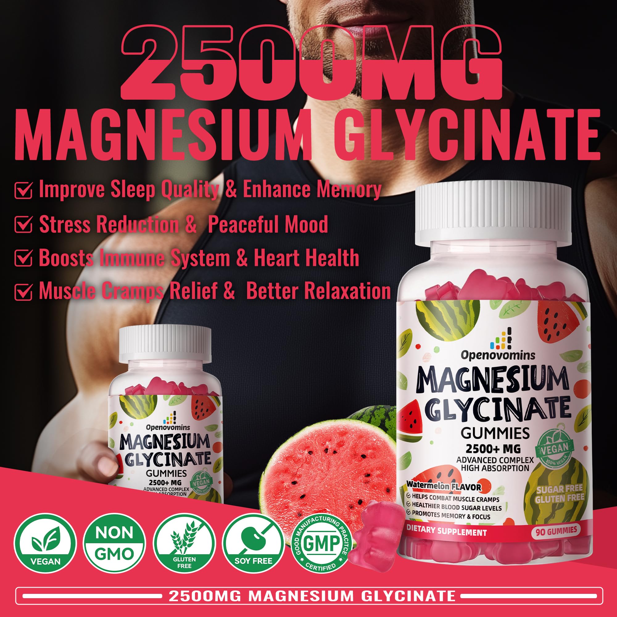 Magnesium Glycinate Gummies 2500mg – Sugar Free Magnesium Potassium Support + Vitamin D, B6, CoQ10 | 90 Watermelon Gummies
