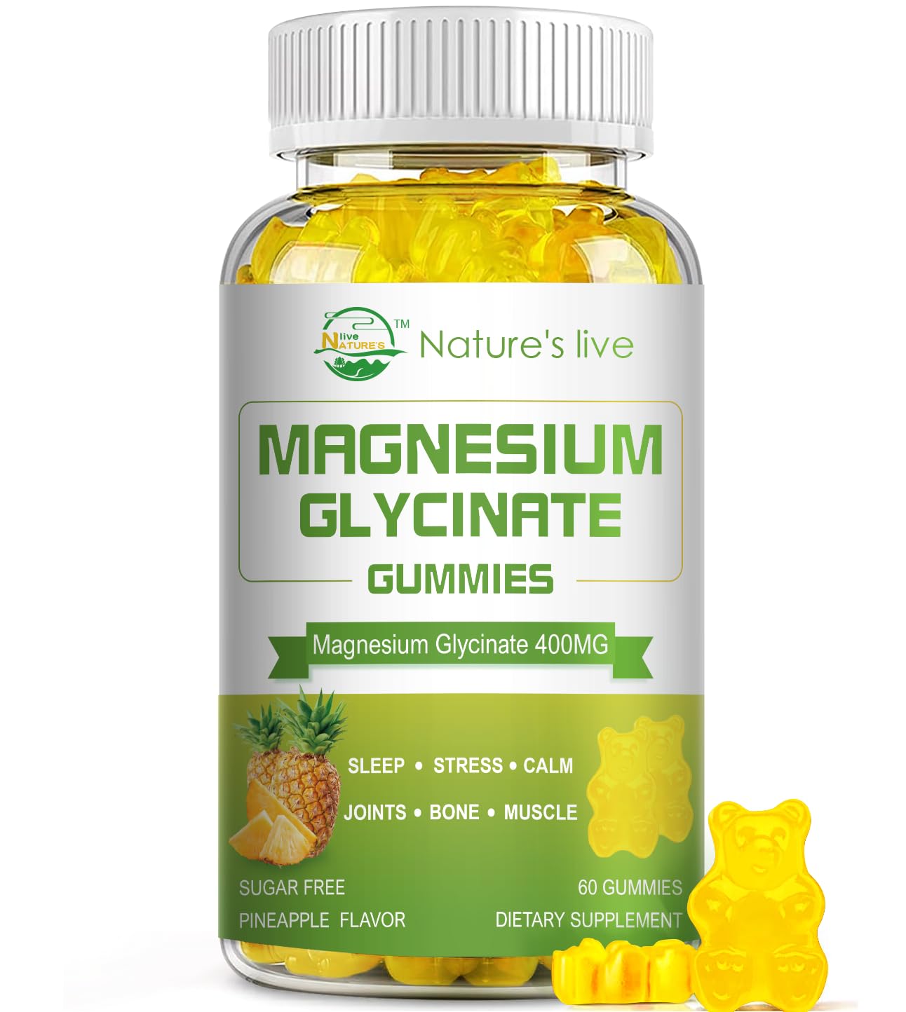 Sugar Free Magnesium Glycinate Gummies – 400mg Glycinate + 200mg L-Threonate, 60 Gummies