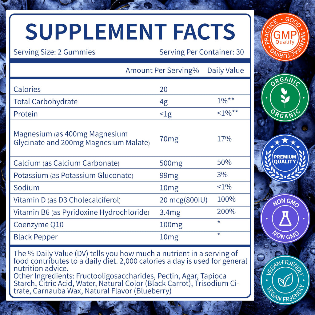 Magnesium Glycinate Gummies 400mg – Sugar Free, Vegan, Blueberry | 60 Gummies