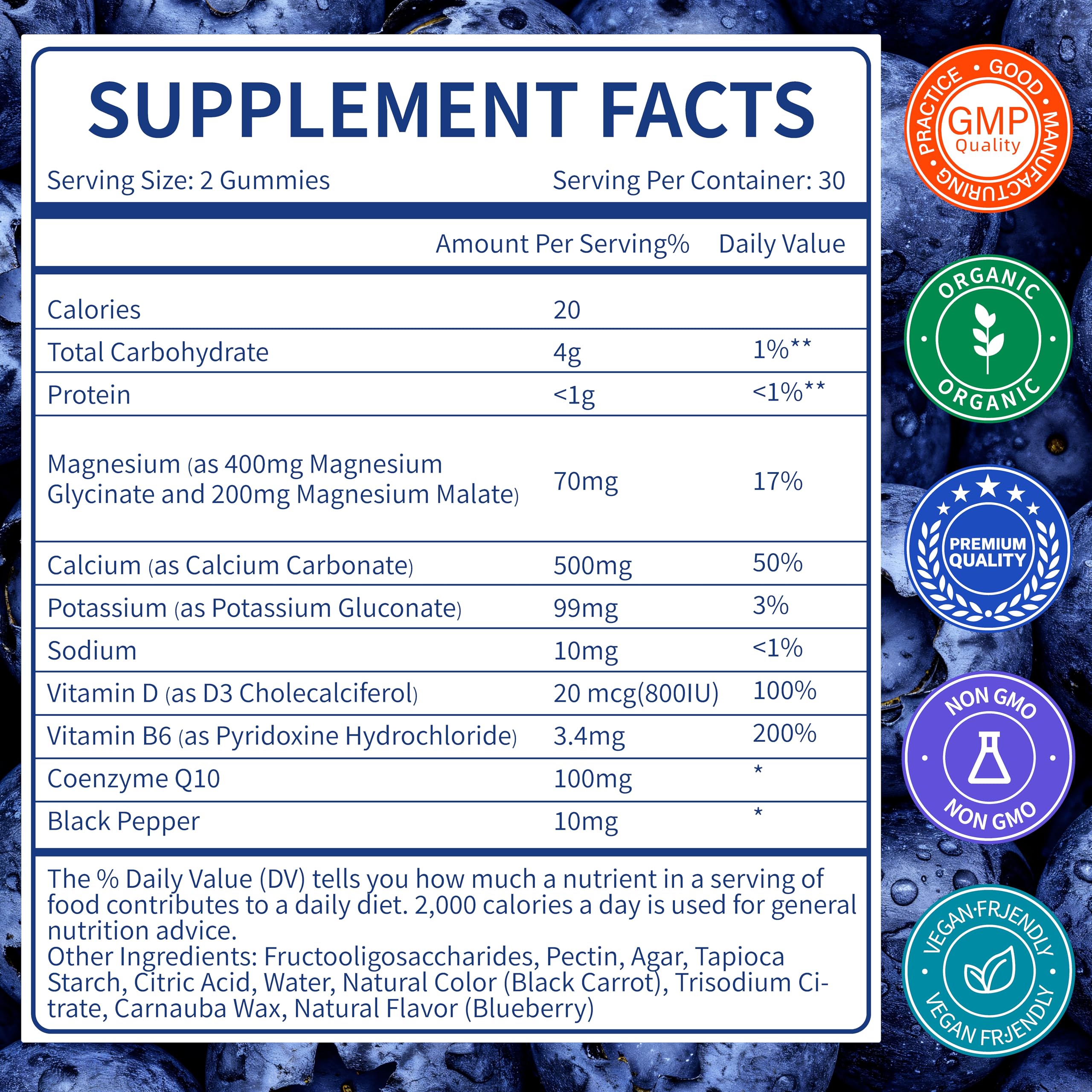 Magnesium Glycinate Gummies 400mg – Sugar Free, Vegan, Blueberry | 60 Gummies