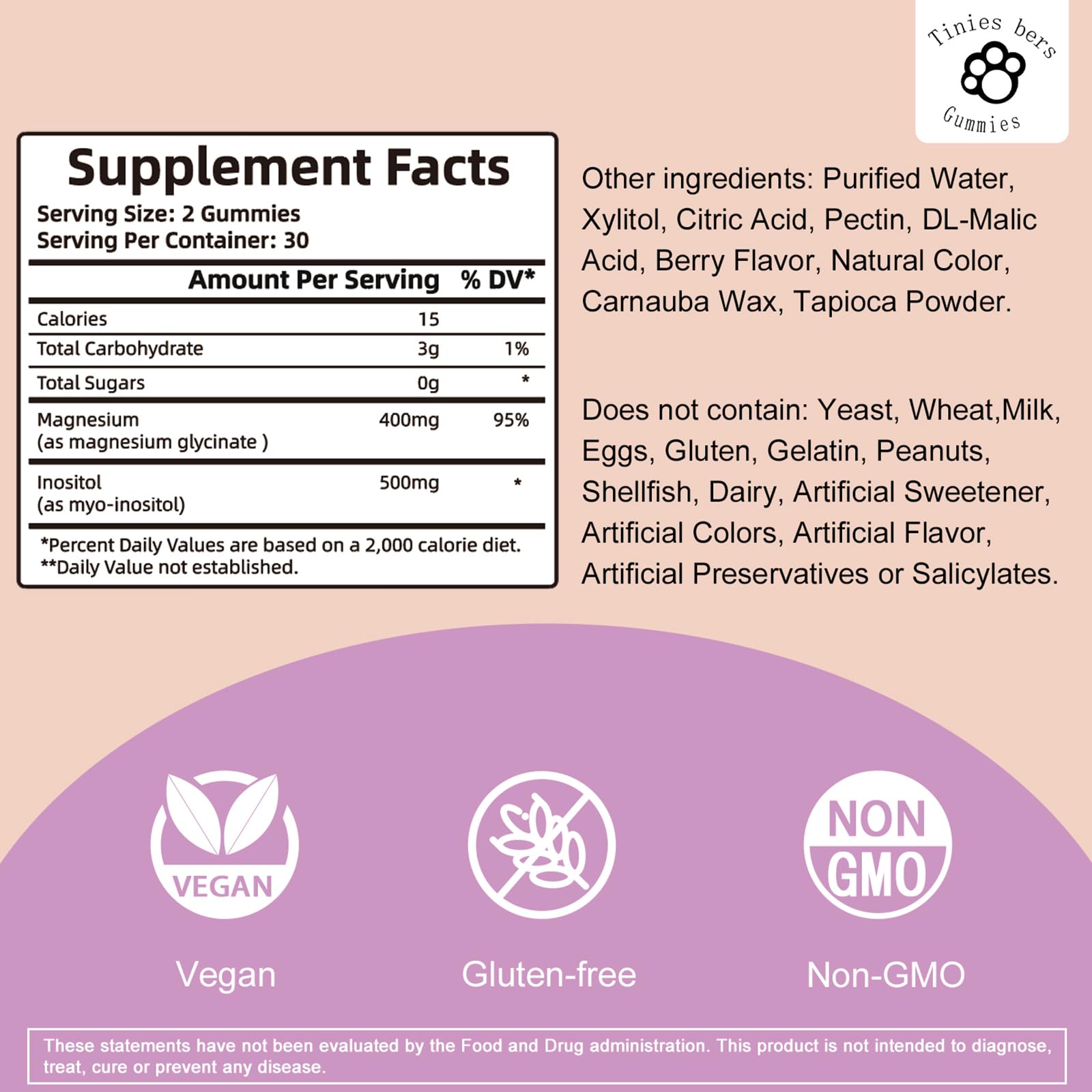 Magnesium Glycinate Gummies 400mg + Inositol 500mg for Women – Sleep & Stress Support, Sugar Free, Gluten Free, Vegan | 60 Gummies