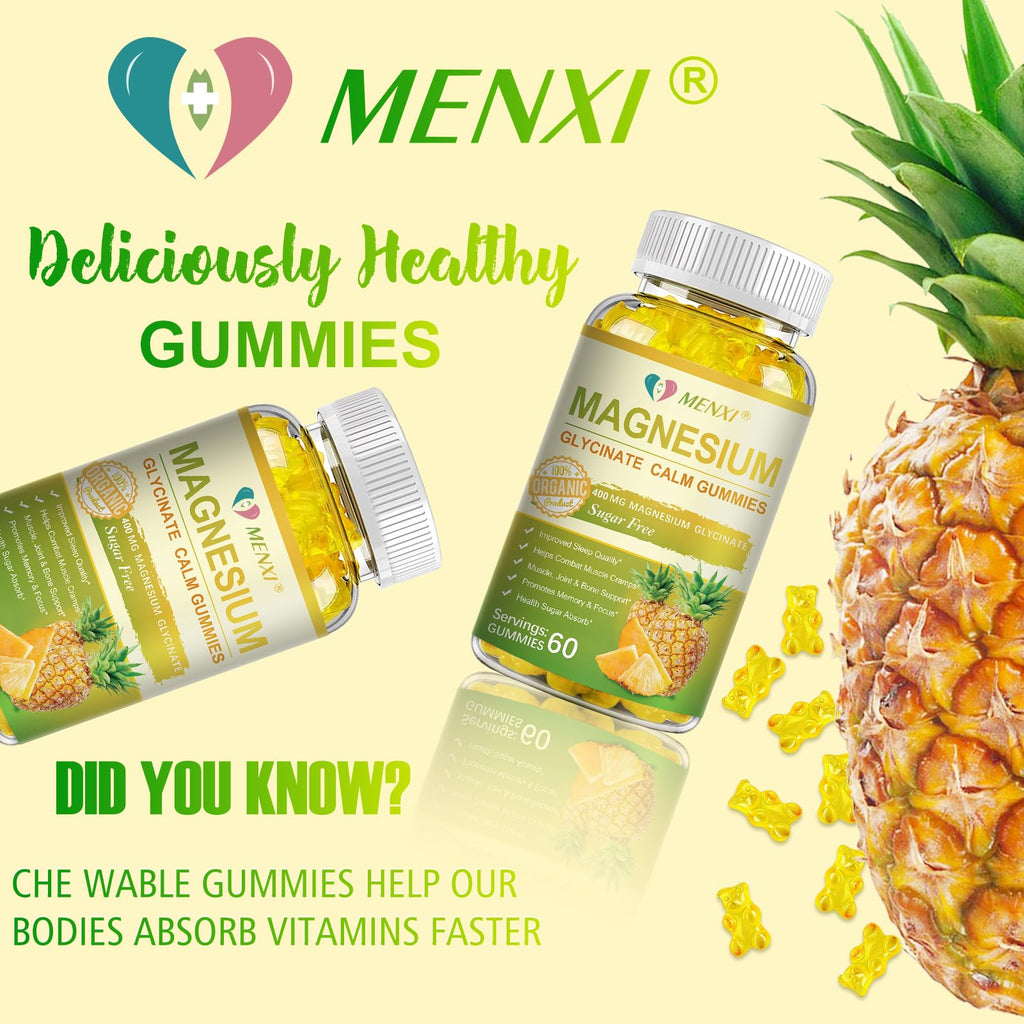 MENXI Magnesium Glycinate Gummies 400mg – Sugar Free Pineapple, Vitamin D, B6 & CoQ10 (120 Gummies)