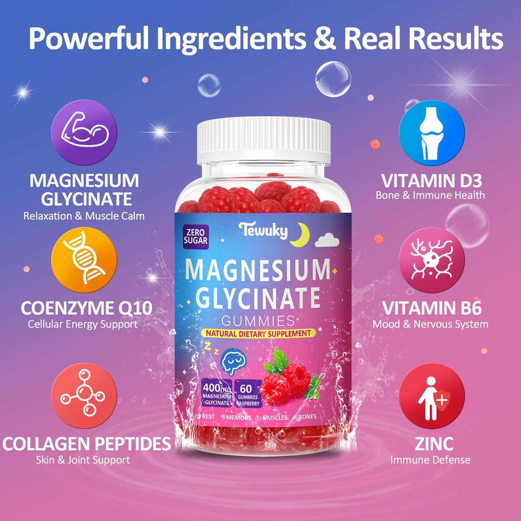 Magnesium Glycinate Gummies 400mg – Sugar Free Vegan (60 Raspberry Chewables) | Sleep, Muscle & Memory Support