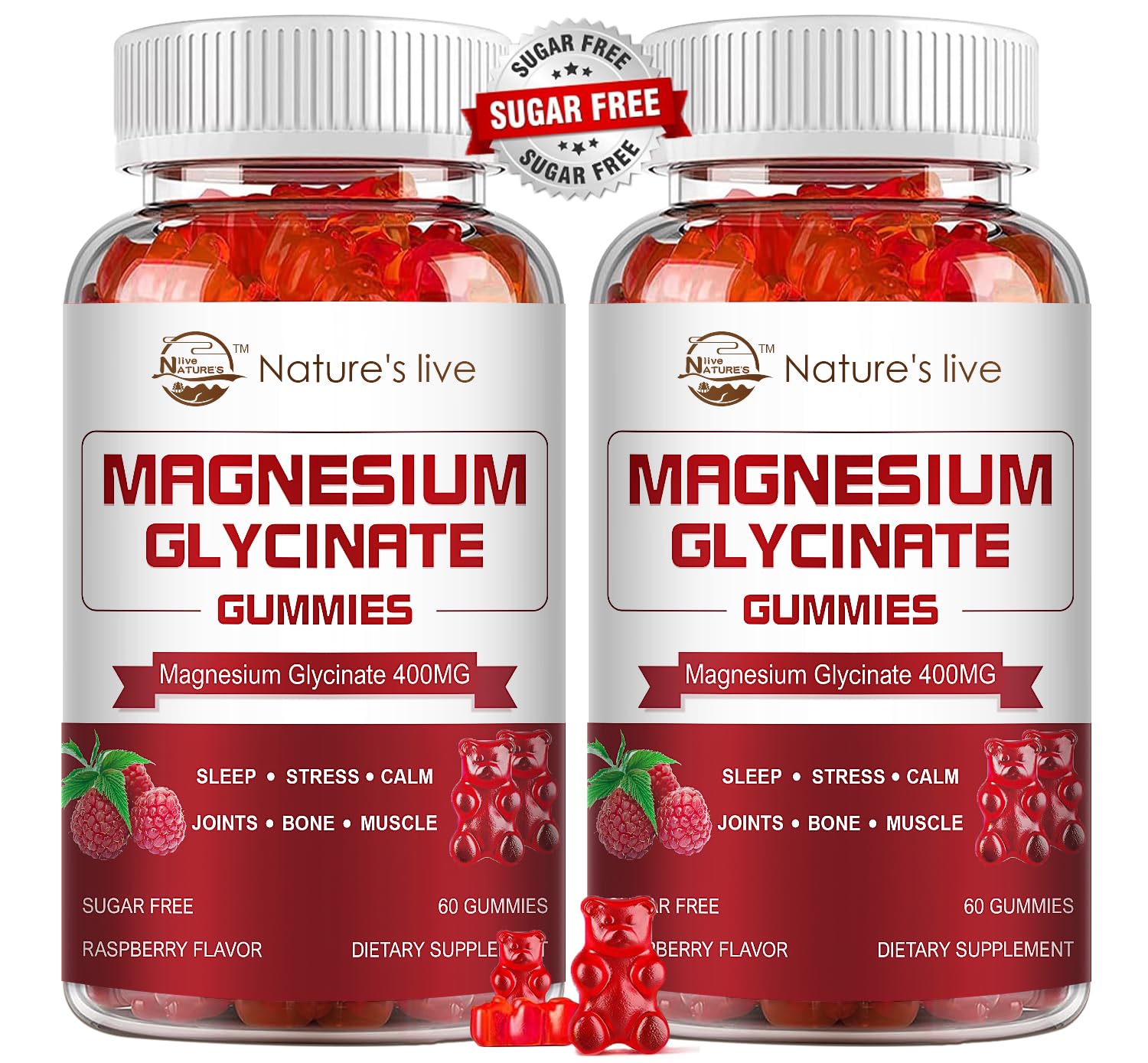 Magnesium Glycinate Gummies 400mg + L-Threonate 200mg – Potassium Magnesium Calm Mood & Sleep Gummies, 2 Pack, Raspberry