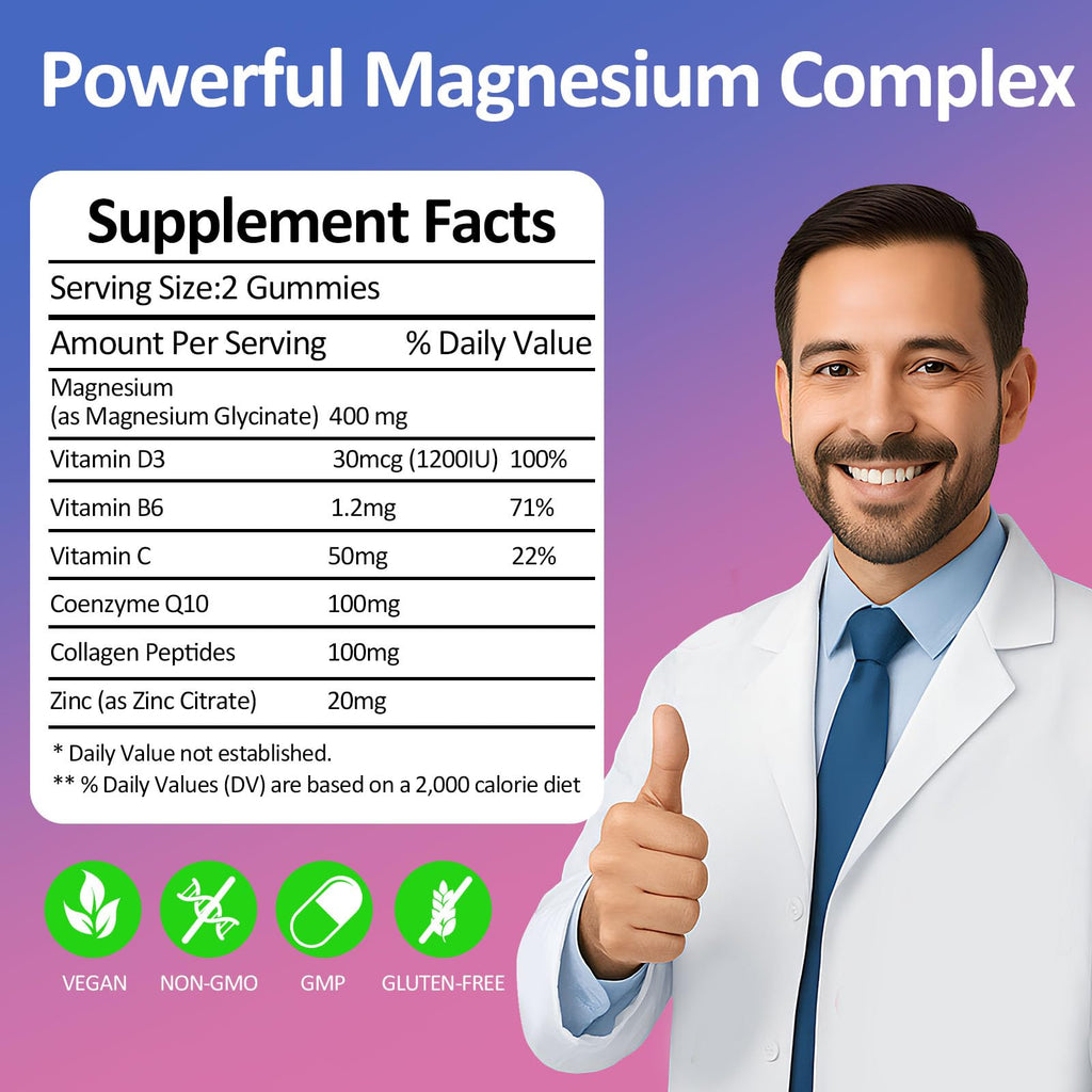 Magnesium Glycinate Gummies 400mg – Sugar Free Vegan (60 Raspberry Chewables) – 2 Pack