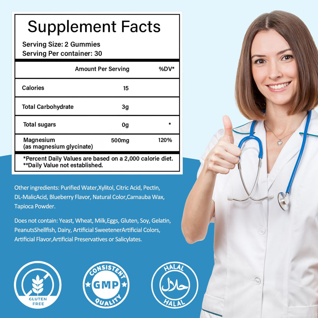 Magnesium Glycinate Gummies 500mg - Sugar-Free, Vegan, 60 Count | Sleep & Relaxation