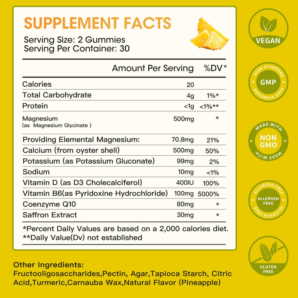 Magnesium Glycinate Gummies 500mg – Sleep, Relaxation & Mood Support | 60 Pineapple Gummies