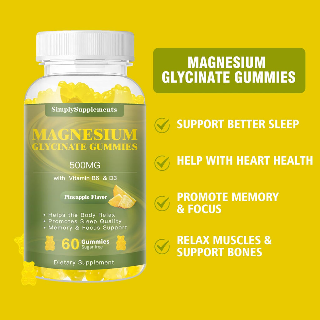 Magnesium Glycinate Gummies 500mg – Sleep, Relaxation & Mood Support | 60 Pineapple Gummies