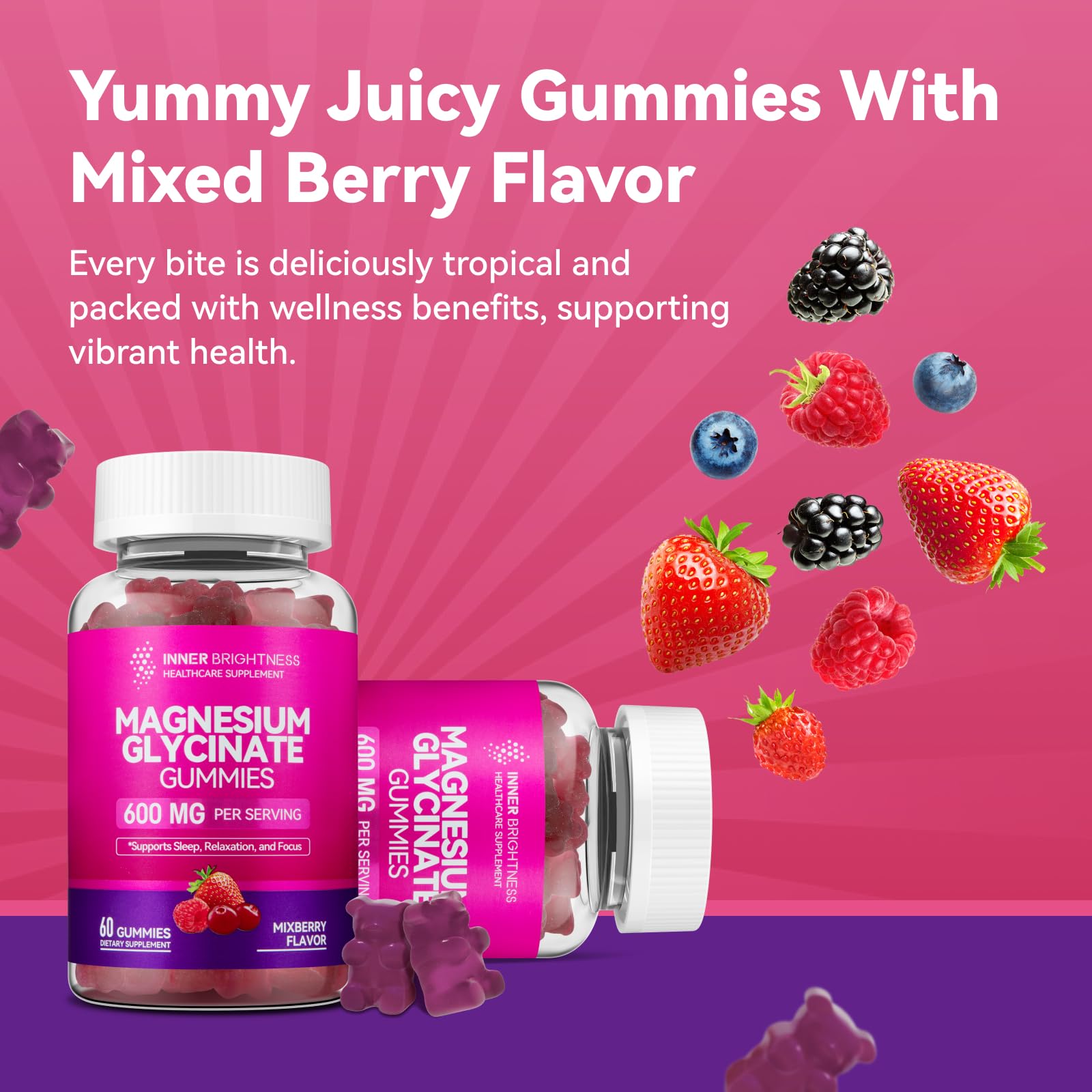 Magnesium Glycinate Gummies 600mg – Non-GMO, Gluten-Free | Sleep, Relaxation & Focus (60 Count)