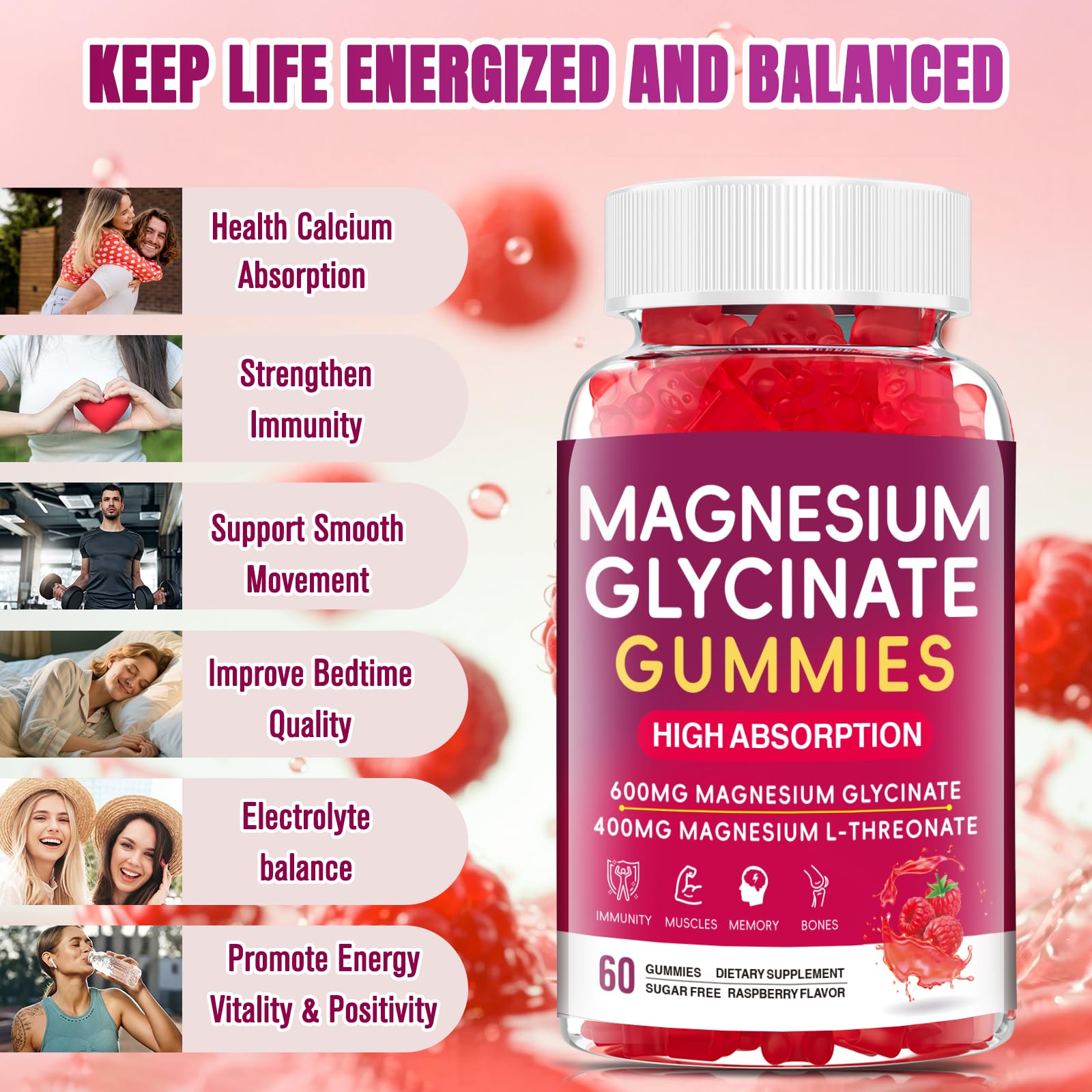 JAENFW Magnesium Glycinate Gummies 600mg – High Absorption, Raspberry, Sugar Free (60 ct)