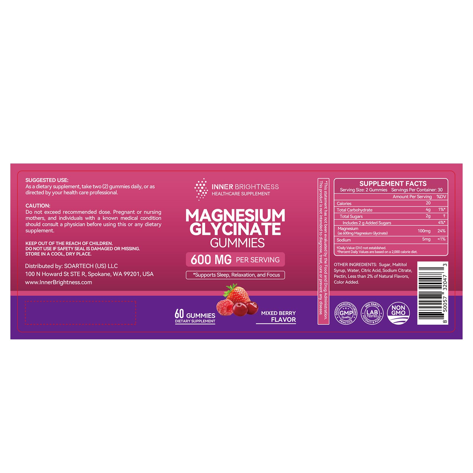 Magnesium Glycinate Gummies 600mg – Non-GMO, Gluten-Free | Sleep, Relaxation & Focus (60 Count)