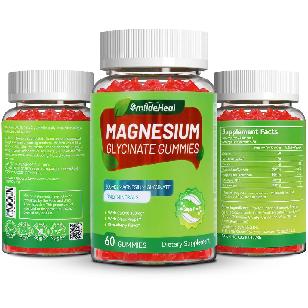 Magnesium Glycinate Gummies 600mg + L-Threonate 300mg, CoQ10, Black Pepper – Vegan (60 Count) | SmildeHeal