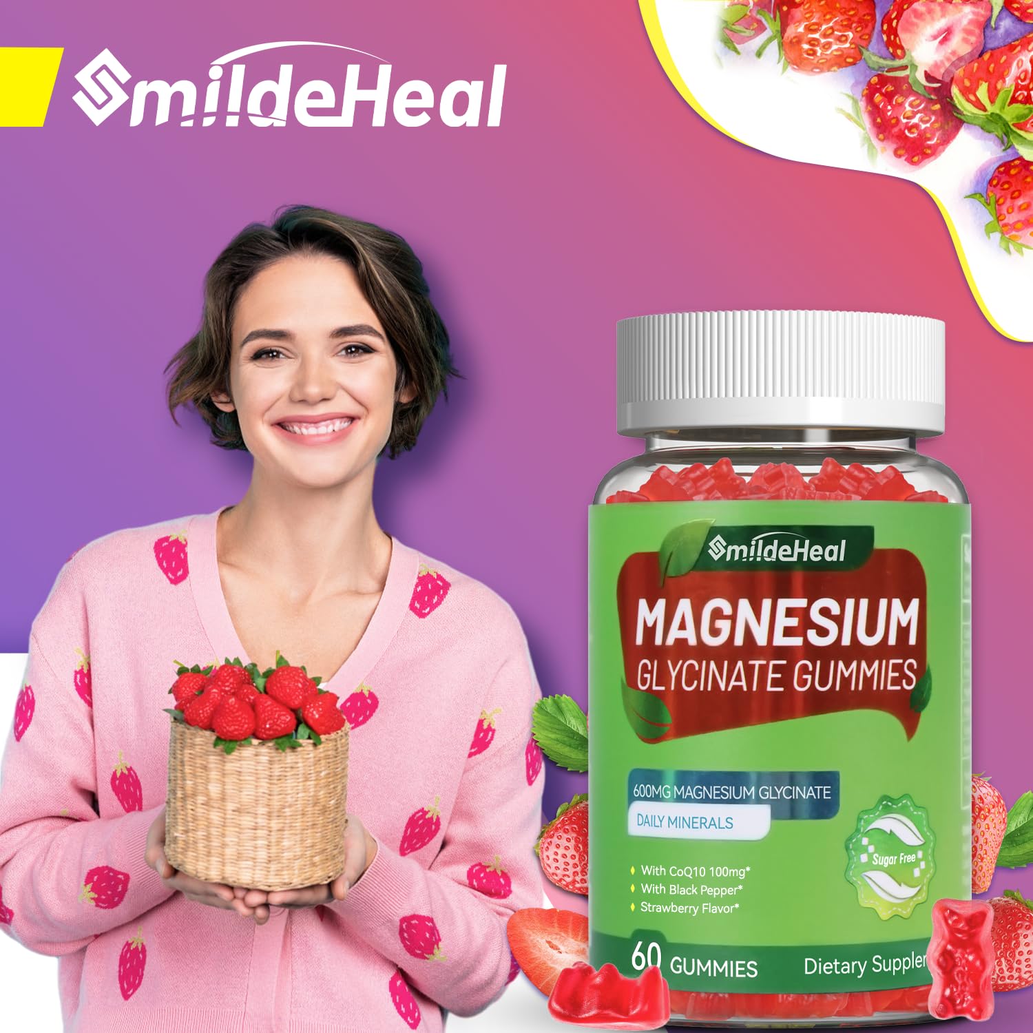 Magnesium Glycinate Gummies 600mg + L-Threonate 300mg, CoQ10, Black Pepper – Vegan (60 Count) | SmildeHeal