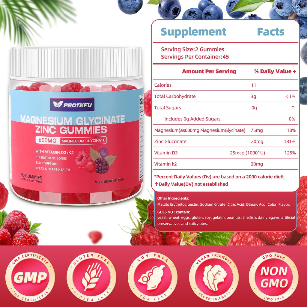 90 CT Magnesium Glycinate Gummies 600mg – Sugar Free, Zinc, D3 & K2 for Sleep & Bone Health