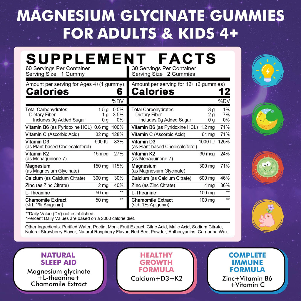 Magnesium Glycinate Gummies 60 Ct – Sleep & Calm Support for Kids 4+ & Adults, Sugar-Free Strawberry Flavor