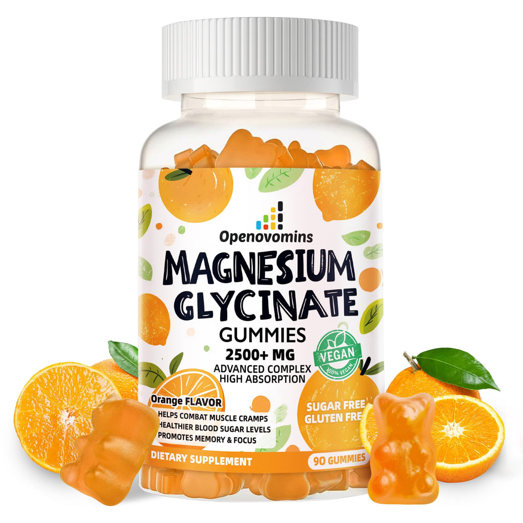 Magnesium Glycinate Gummies - Sugar Free Magnesium Potassium with Vitamin D, B6, CoQ10 for Calm Mood & Sleep Support - 90 Orange Gummies