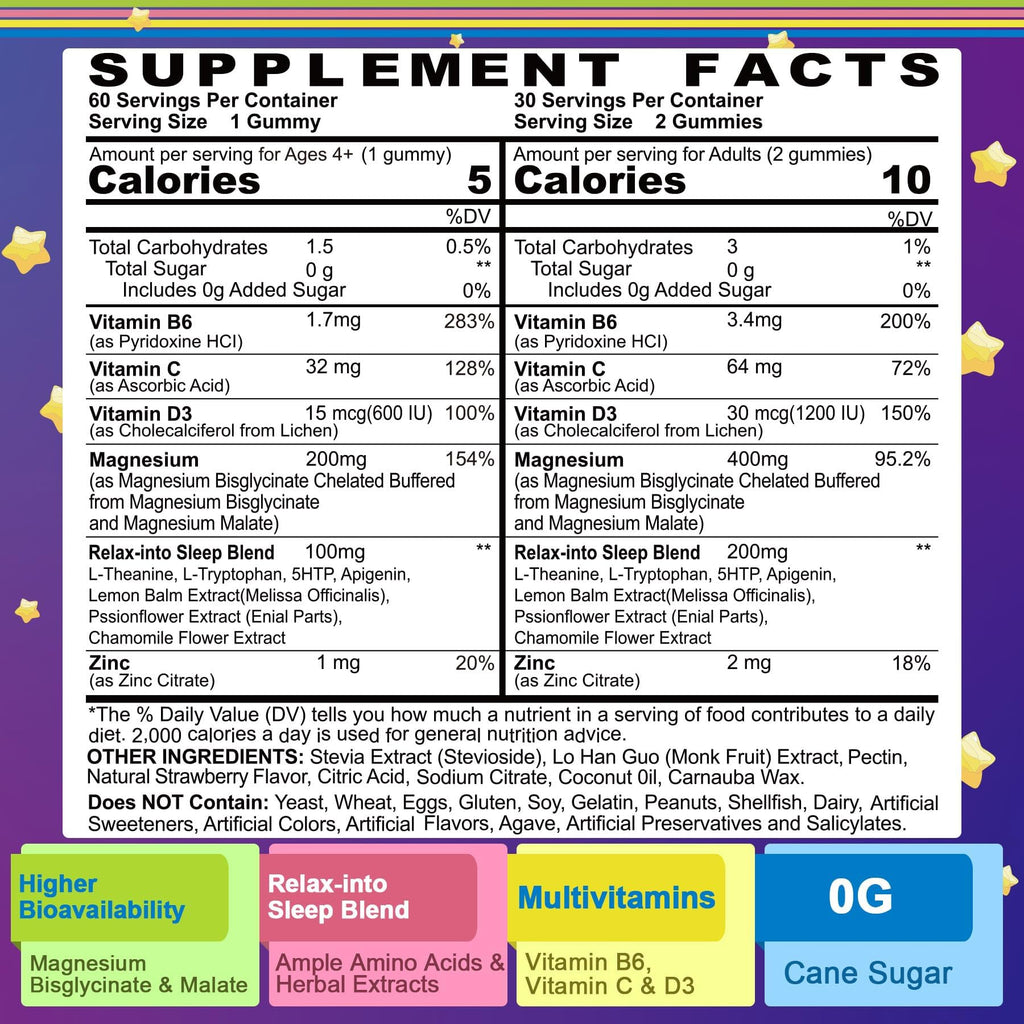 Magnesium Glycinate Gummies 2-Pack – Sugar Free, 400/200mg with B6/D3, 5-HTP & L-Theanine