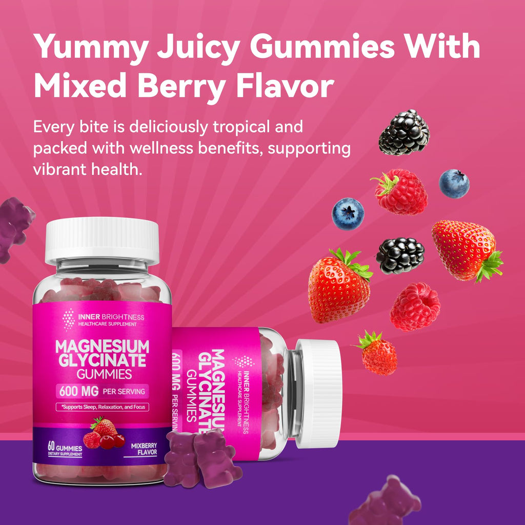 Inner Brightness Magnesium Glycinate Plus Gummies – 860mg | Sugar-Free, Gluten-Free, Non-GMO (120 Count)