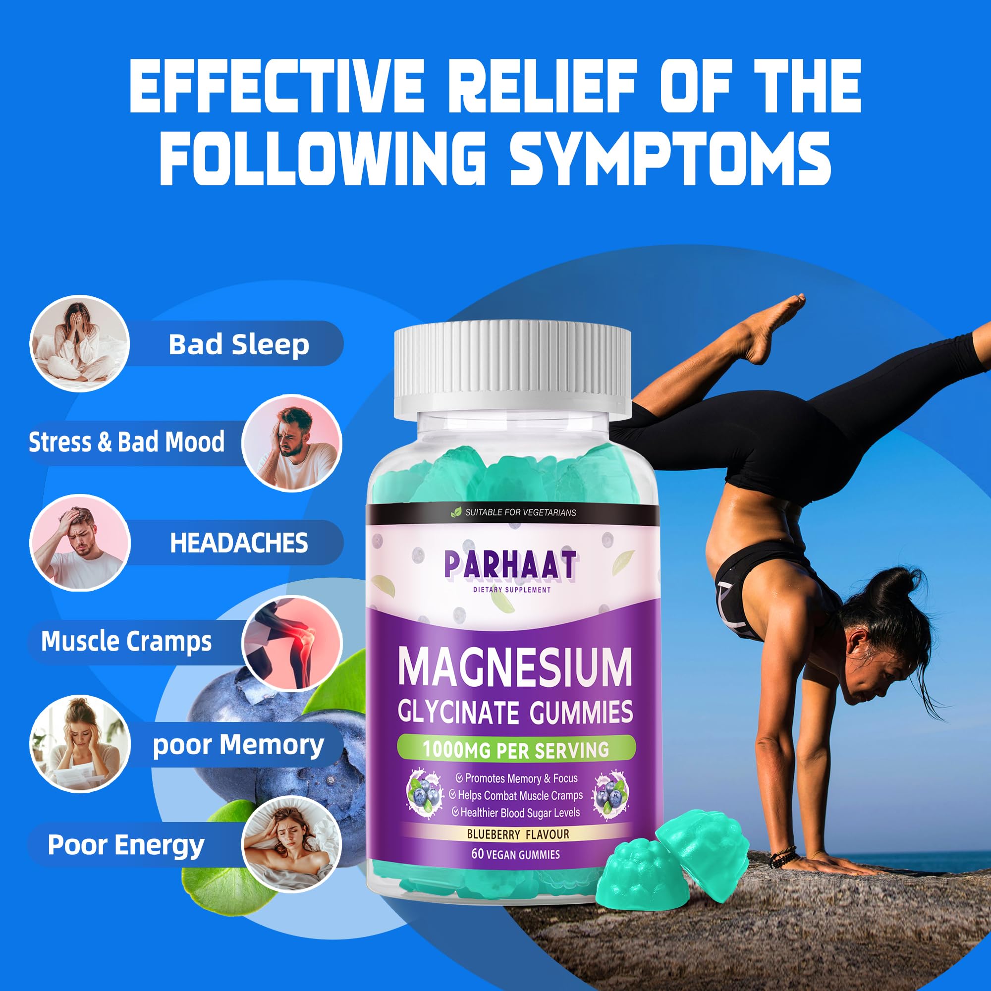 Magnesium Glycinate Gummies – Sugar Free Blueberry with Vitamin D, B6, CoQ10 | 120 Chews