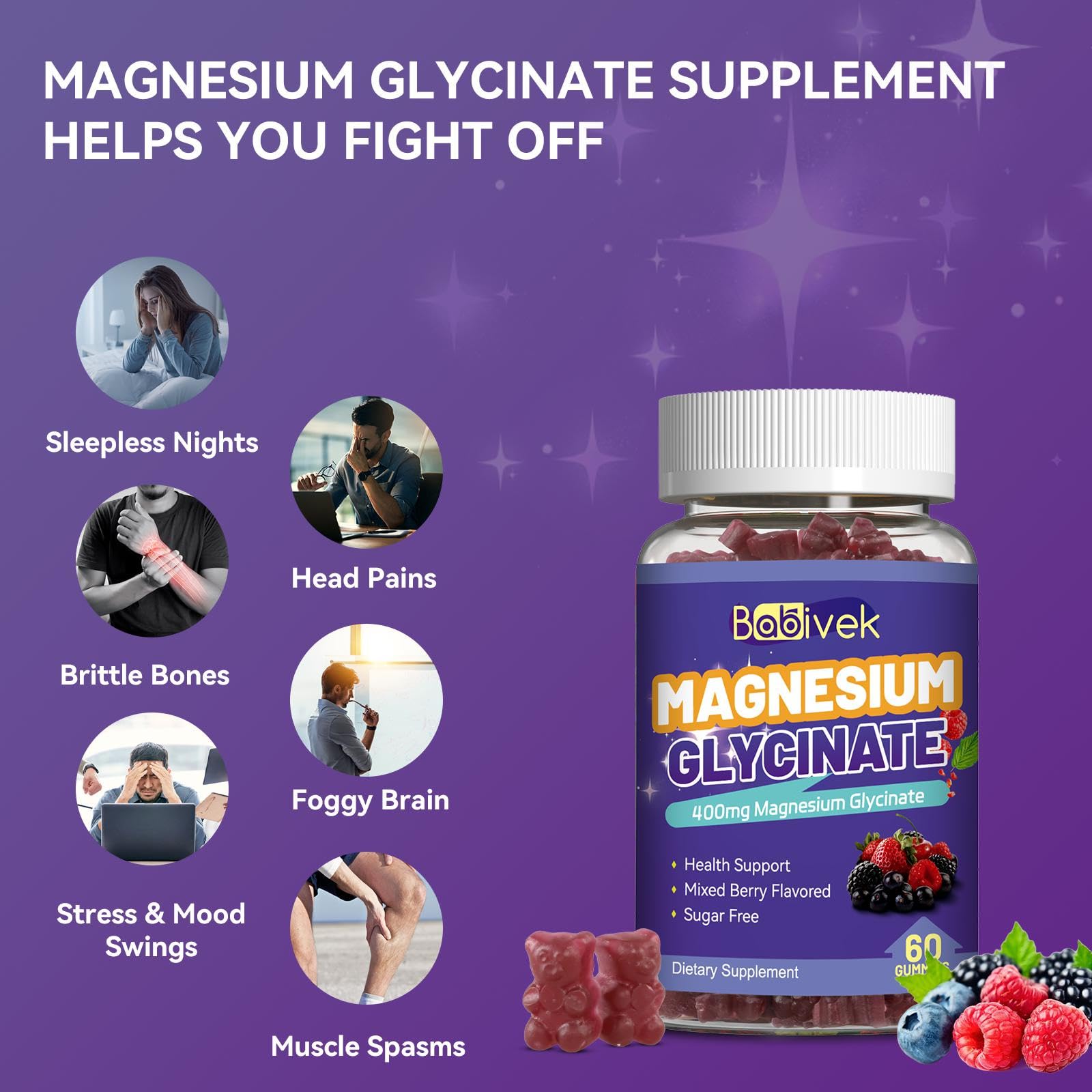 Magnesium Glycinate Gummies with Calcium, CoQ10, Potassium & Vitamins D & B6 – Sugar-Free, Vegan (60 Gummies)