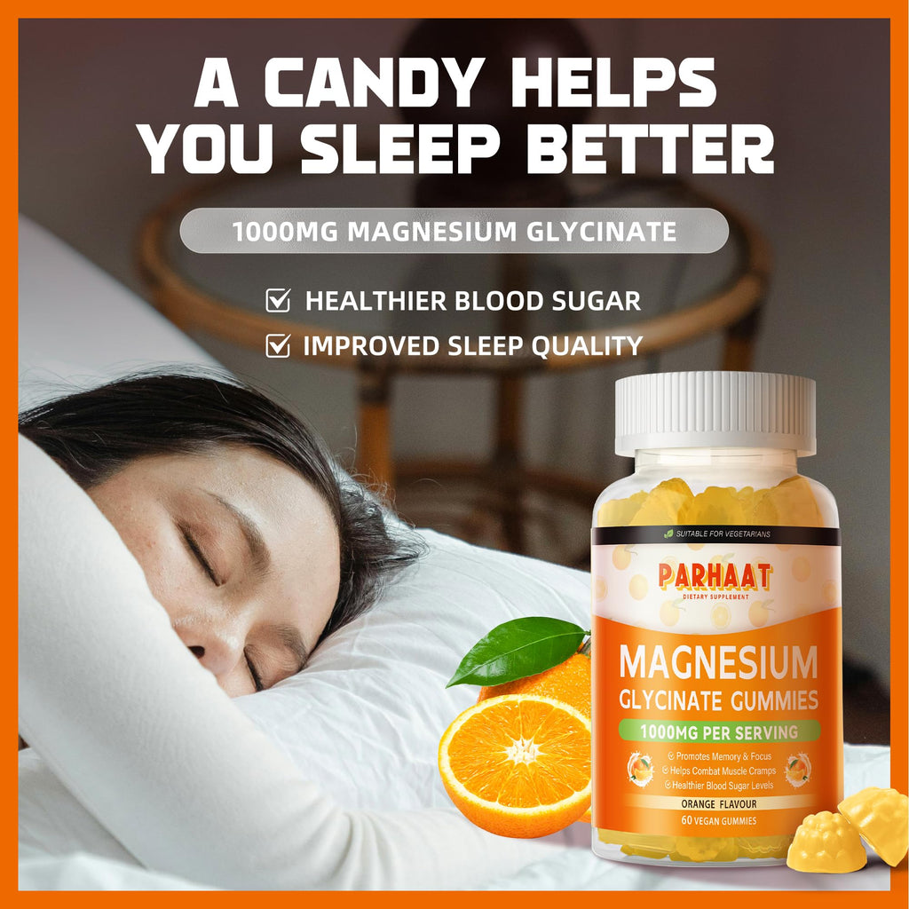 Magnesium Glycinate Gummies 1000mg | Sugar Free Magnesium Potassium with Vitamin D, B6, CoQ10 - 60 Orange Gummies