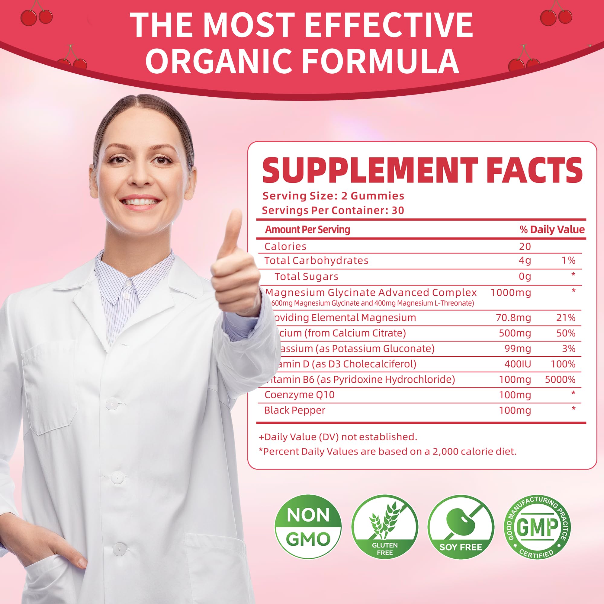 Magnesium Glycinate Gummies - Sugar Free, 60 Cherry Gummies | Vitamin D, B6, CoQ10