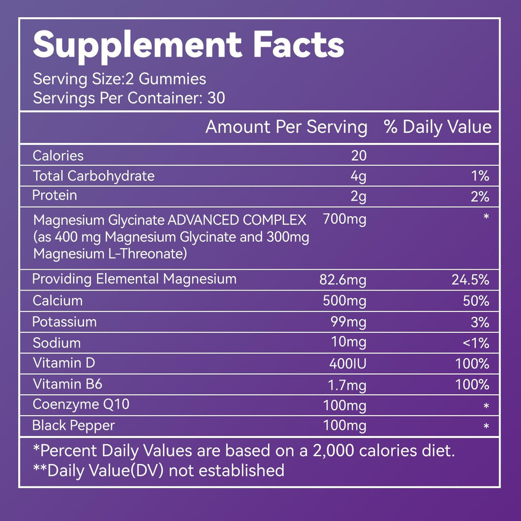 Magnesium Glycinate Gummies with Calcium, CoQ10, Potassium & Vitamins D & B6 – Sugar-Free, Vegan (60 Gummies)