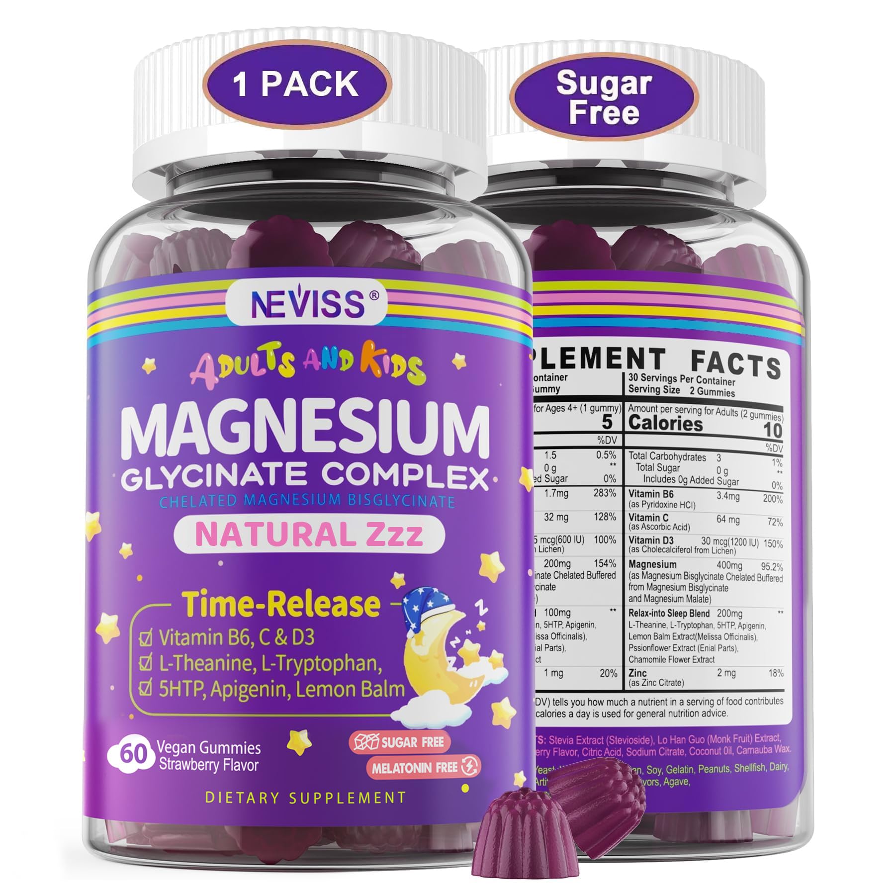 Magnesium Glycinate Gummies for Adults & Kids 4+ | Sugar Free, 400/200mg, B6 & D3, 5-HTP, L-Theanine