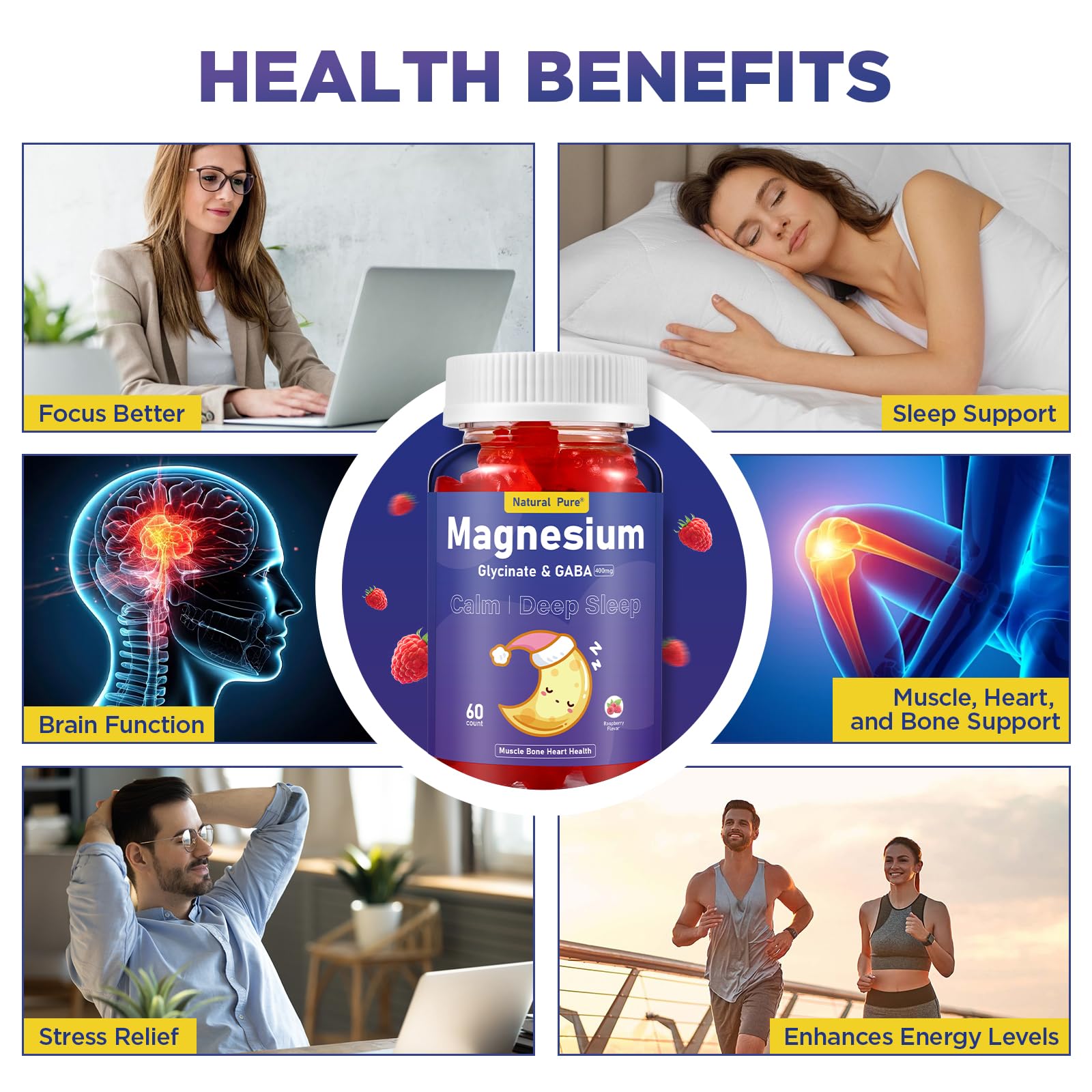 Magnesium Glycinate Gummies with GABA – Sleep Support (Sugar Free, 400mg) with Vitamin D, B6 & CoQ10