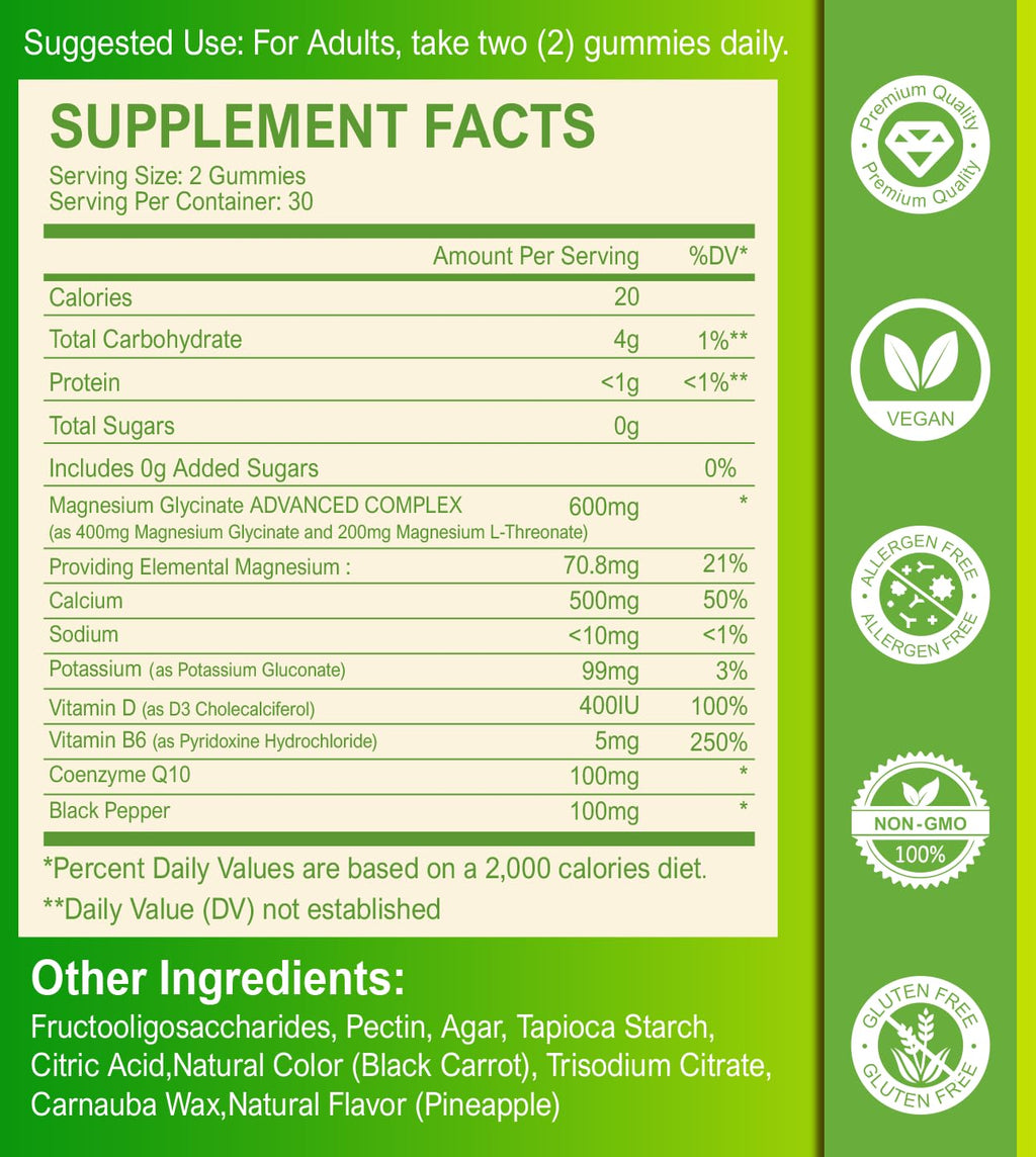 Magnesium Glycinate Gummies – Sugar-Free Magnesium Supplement with 400mg Glycinate + 200mg L-Threonate | 120 Pineapple Gummies