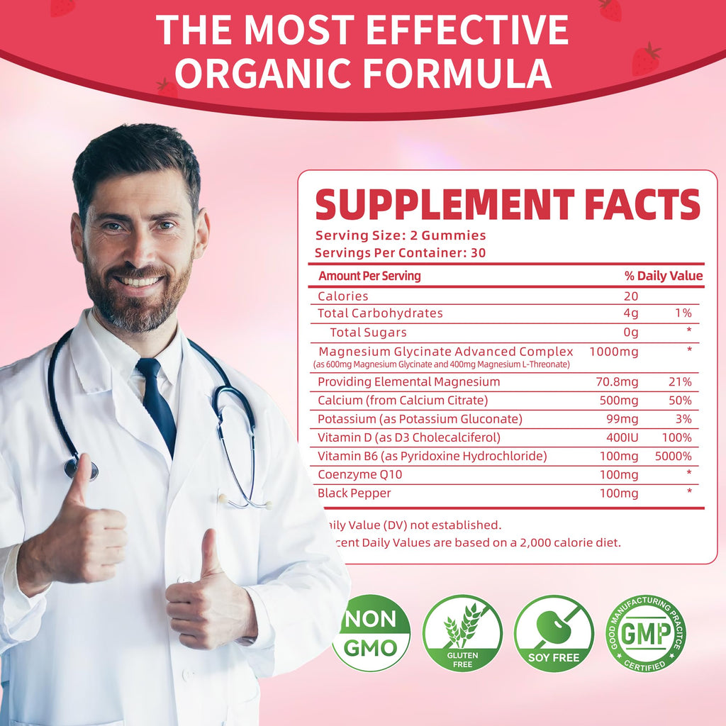 Magnesium Glycinate Gummies 1000mg – Sugar-Free Magnesium, Potassium with Vitamin D, B6, CoQ10 | 60 Strawberry Gummies
