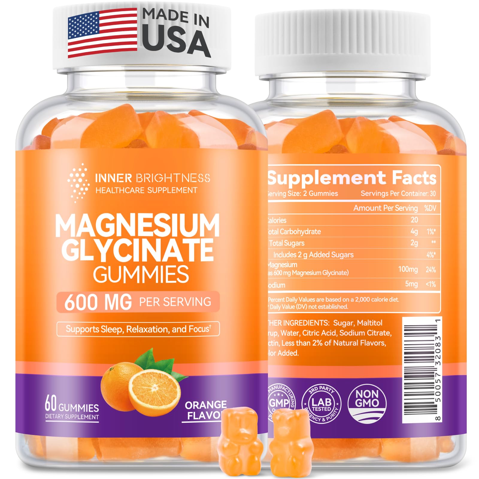 Magnesium Glycinate Gummies 600mg - Non-GMO, Gluten-Free | Orange Flavor, 60 Count