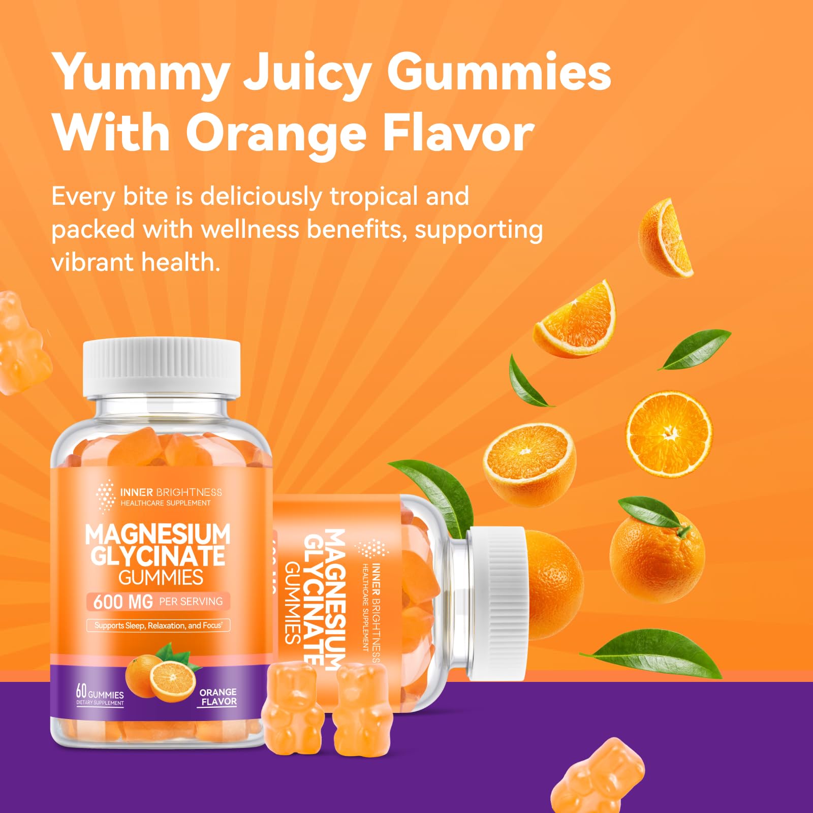 Magnesium Glycinate Gummies 600mg - Non-GMO, Gluten-Free | Orange Flavor, 60 Count