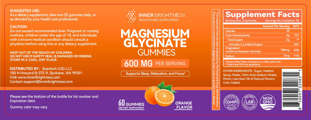 Magnesium Glycinate Gummies 600mg - Non-GMO, Gluten-Free | Orange Flavor, 60 Count
