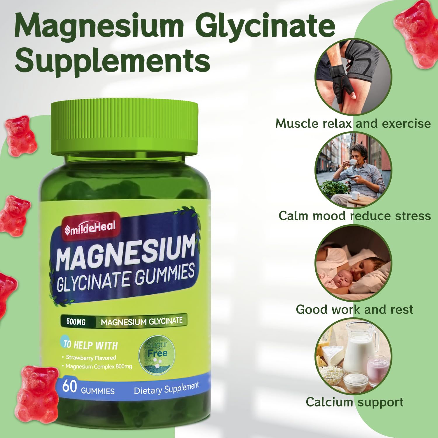 Magnesium Glycinate Gummies 500mg + L-Threonate 300mg – Sugar-Free Magnesium Potassium with Vitamin D, B6, CoQ10 | Strawberry 60 Gummies